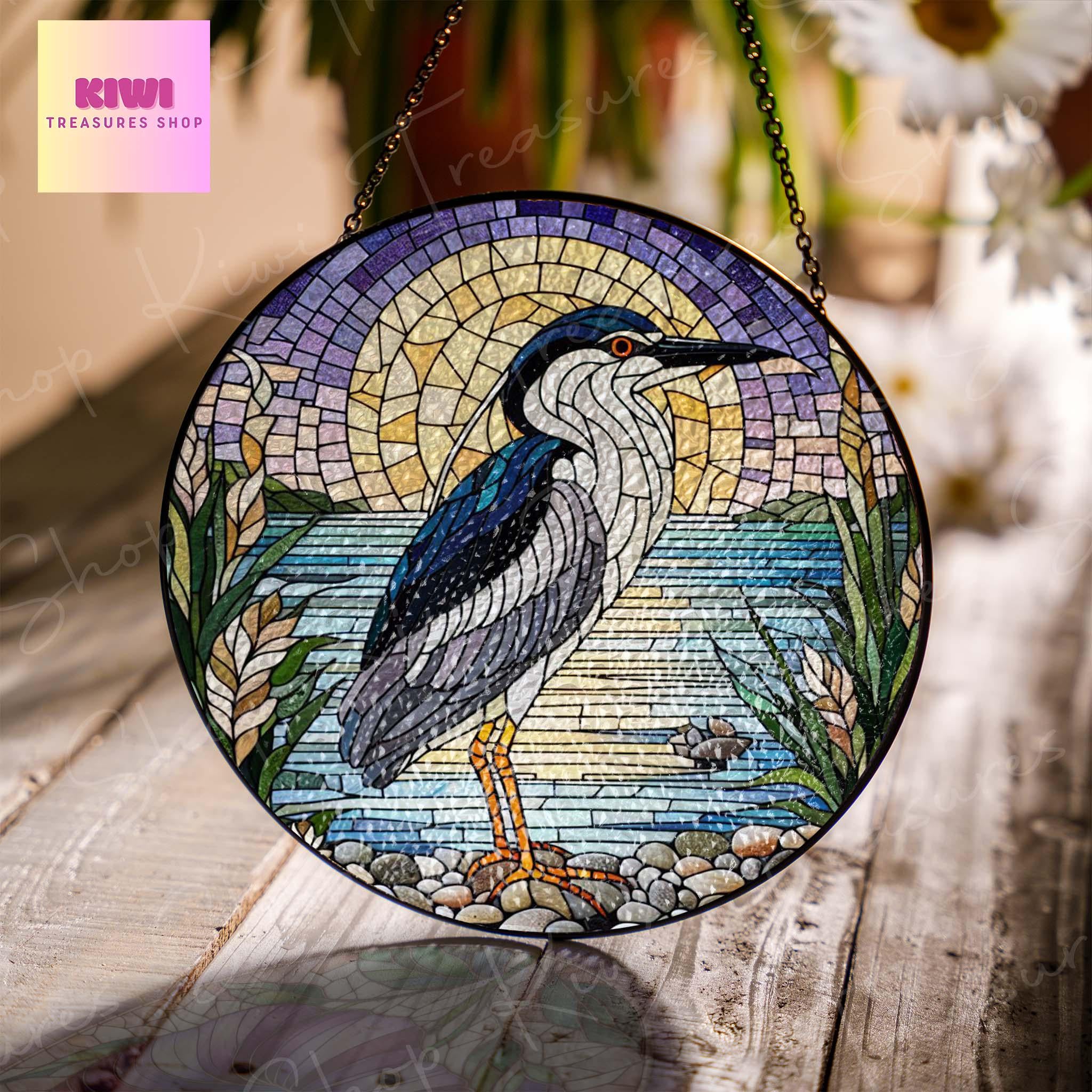 Black- Crowned Night- Heron GLASS Suncatcher Hanging, Heron Window hanging, Heron window hanging, Heron Lover gift