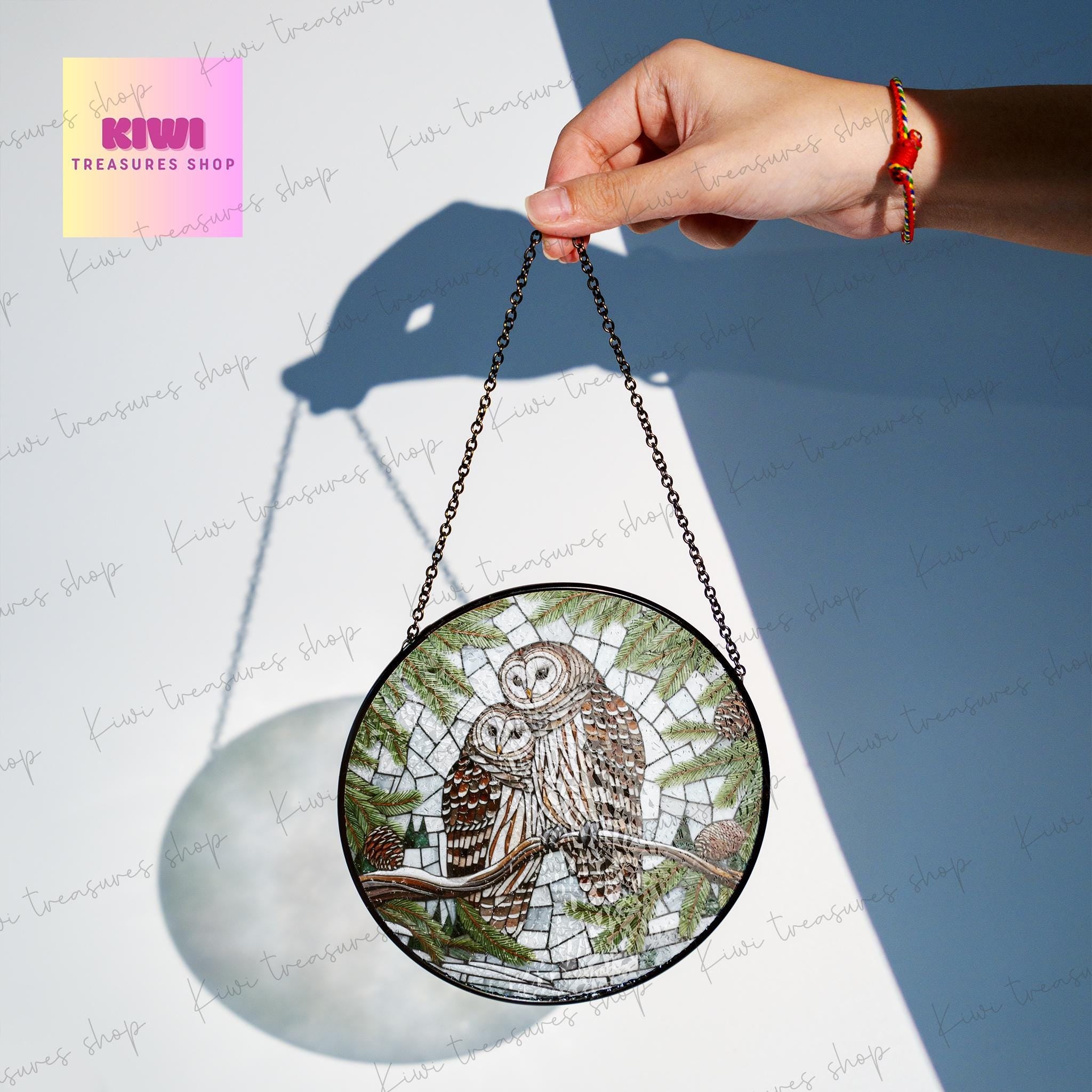 Barred Owl on Pine tree branch GLASS Hanging, Winter landscape, barred owl suncatcher, bird watching gift, Christmas gift, owl lover