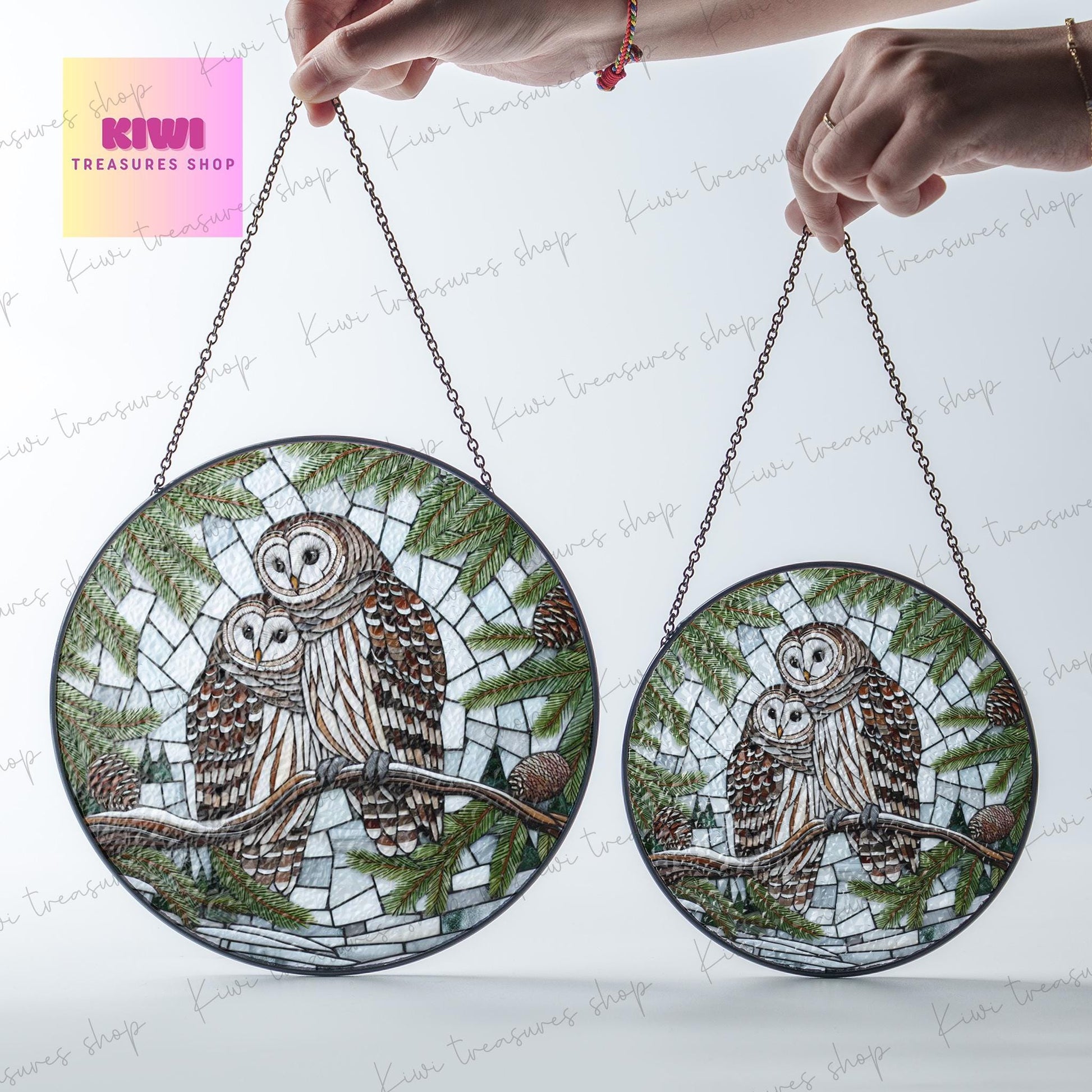 Barred Owl on Pine tree branch GLASS Hanging, Winter landscape, barred owl suncatcher, bird watching gift, Christmas gift, owl lover