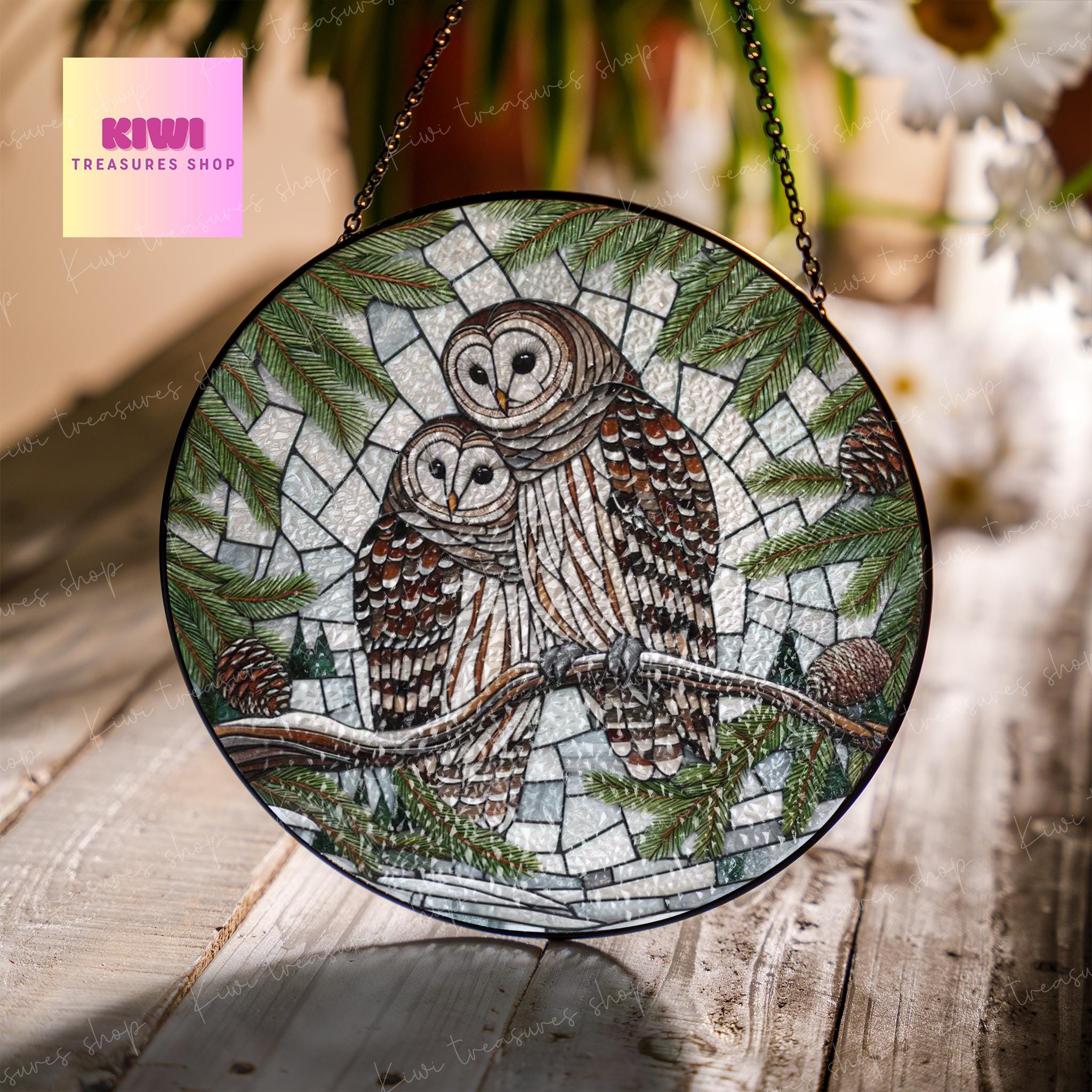 Barred Owl on Pine tree branch GLASS Hanging, Winter landscape, barred owl suncatcher, bird watching gift, Christmas gift, owl lover