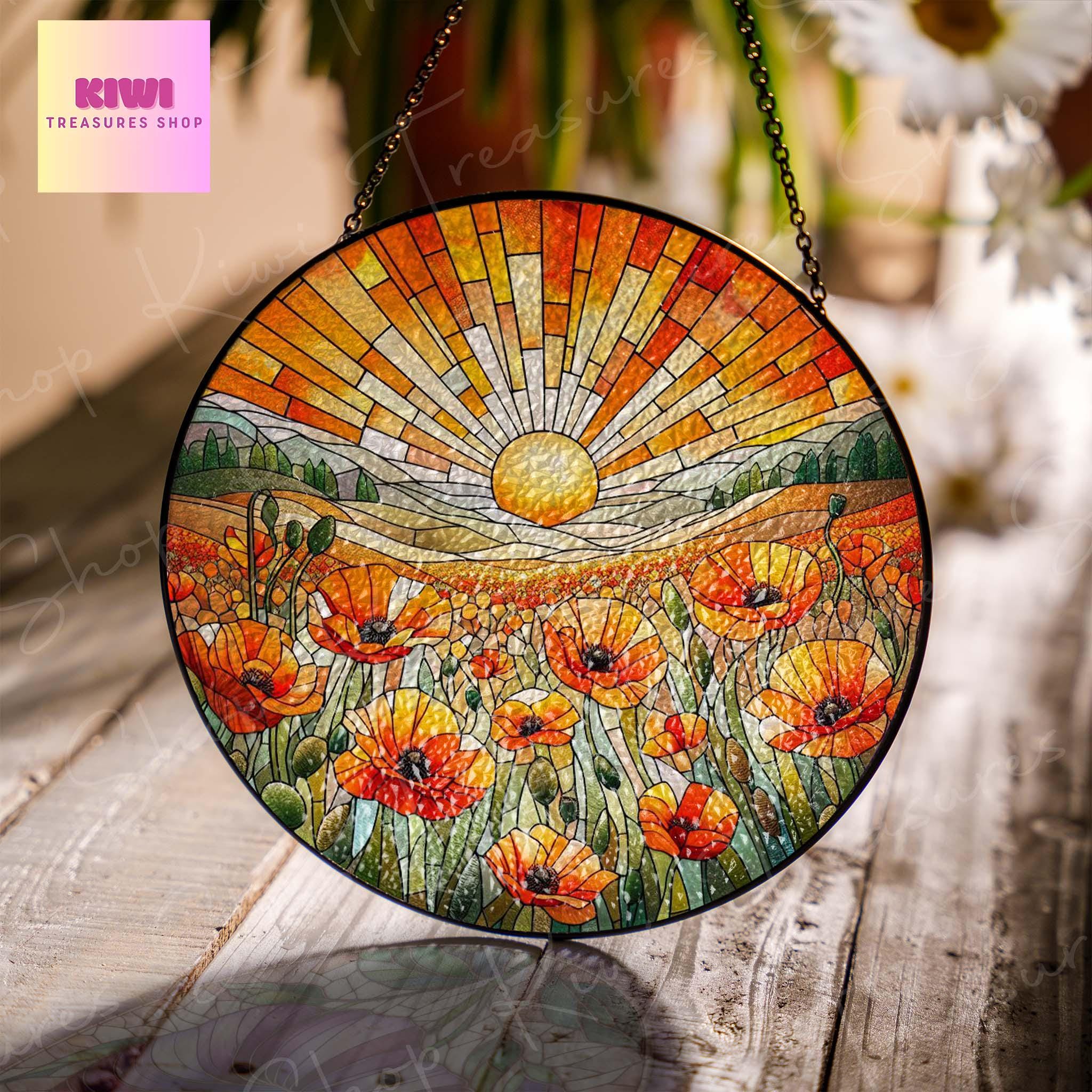 California Poppies Flower GLASS Suncatcher Hanging, orange poppies glass, sunset Window hanging, poppies Flower suncatcher