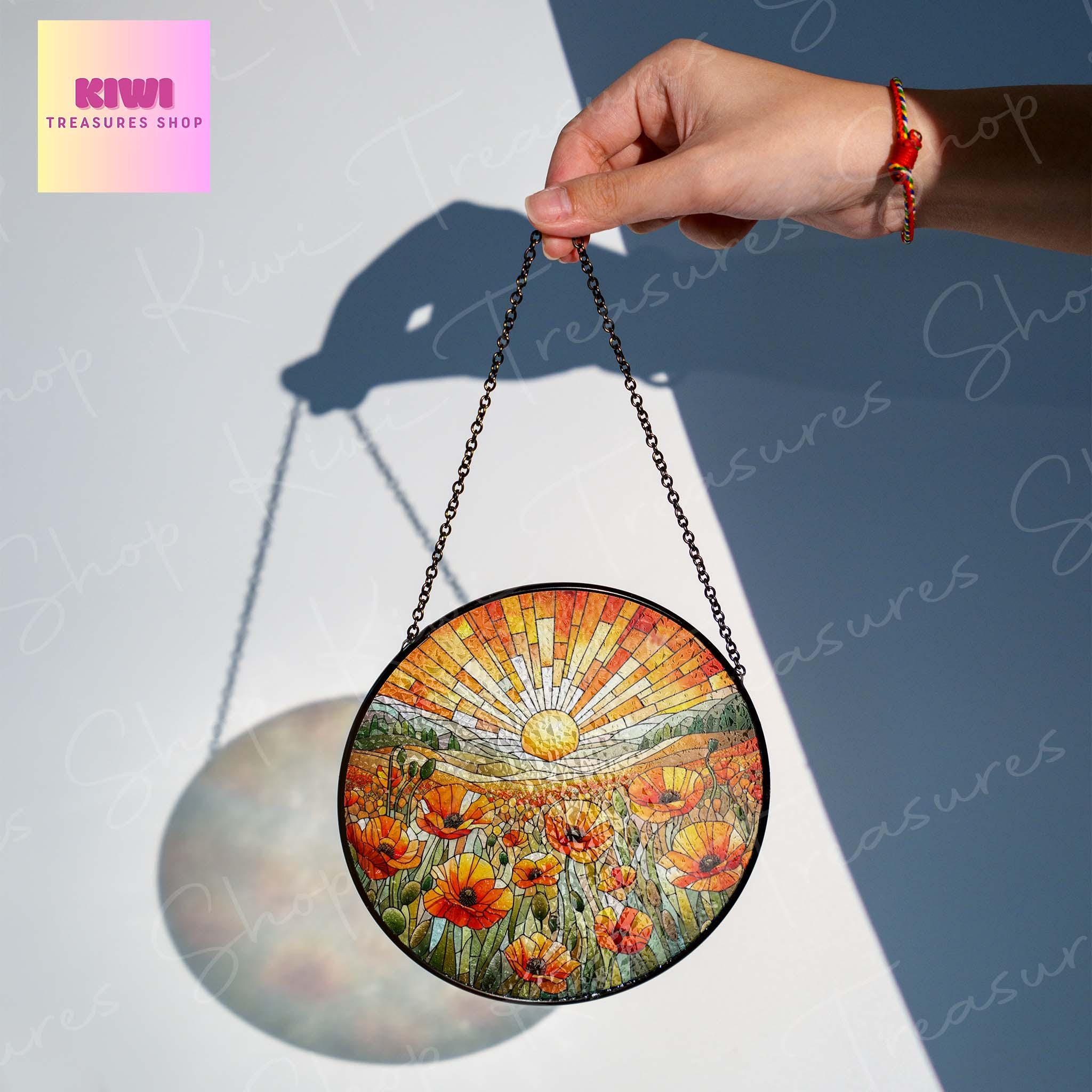 California Poppies Flower GLASS Suncatcher Hanging, orange poppies glass, sunset Window hanging, poppies Flower suncatcher