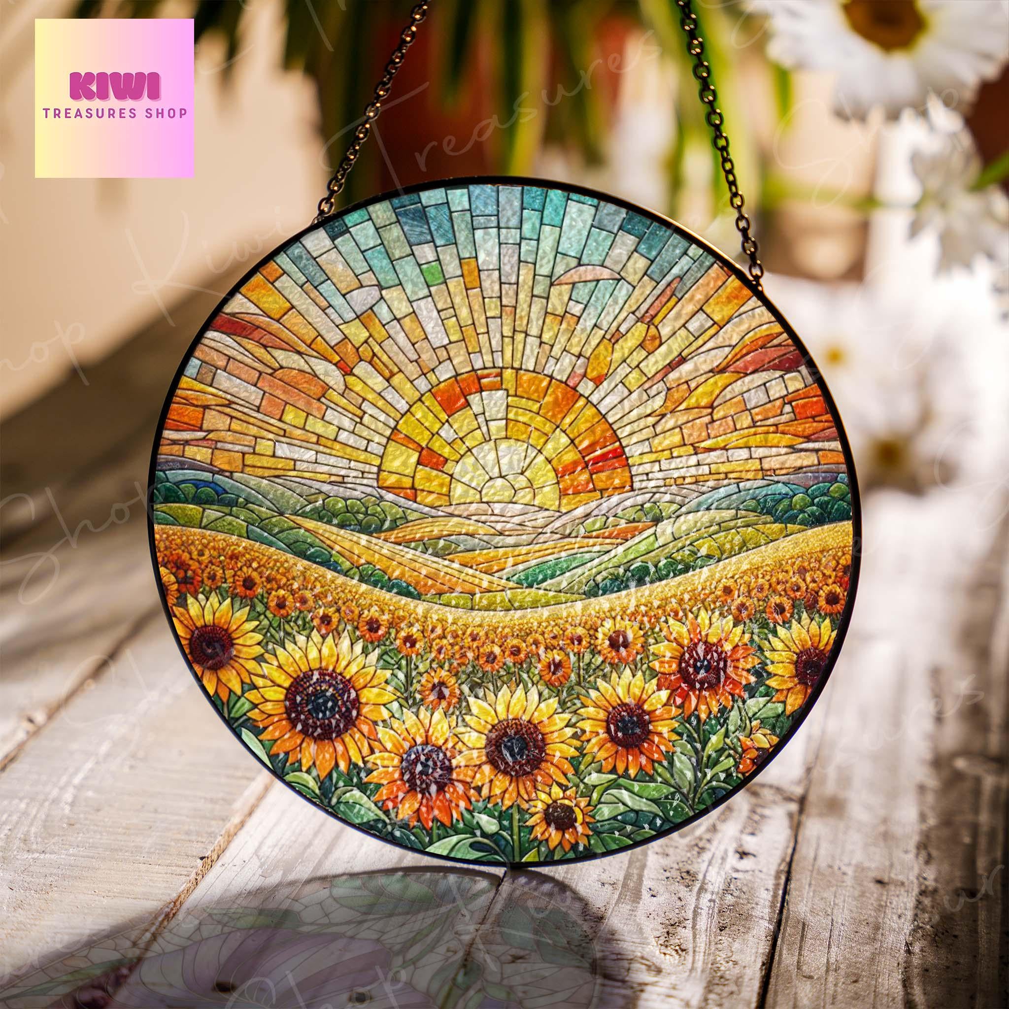 Sunsflower field Sunset GLASS Suncatcher Hanging, sunflower suncatcher glass, sunset Window hanging, SunflowerFlower lover gift