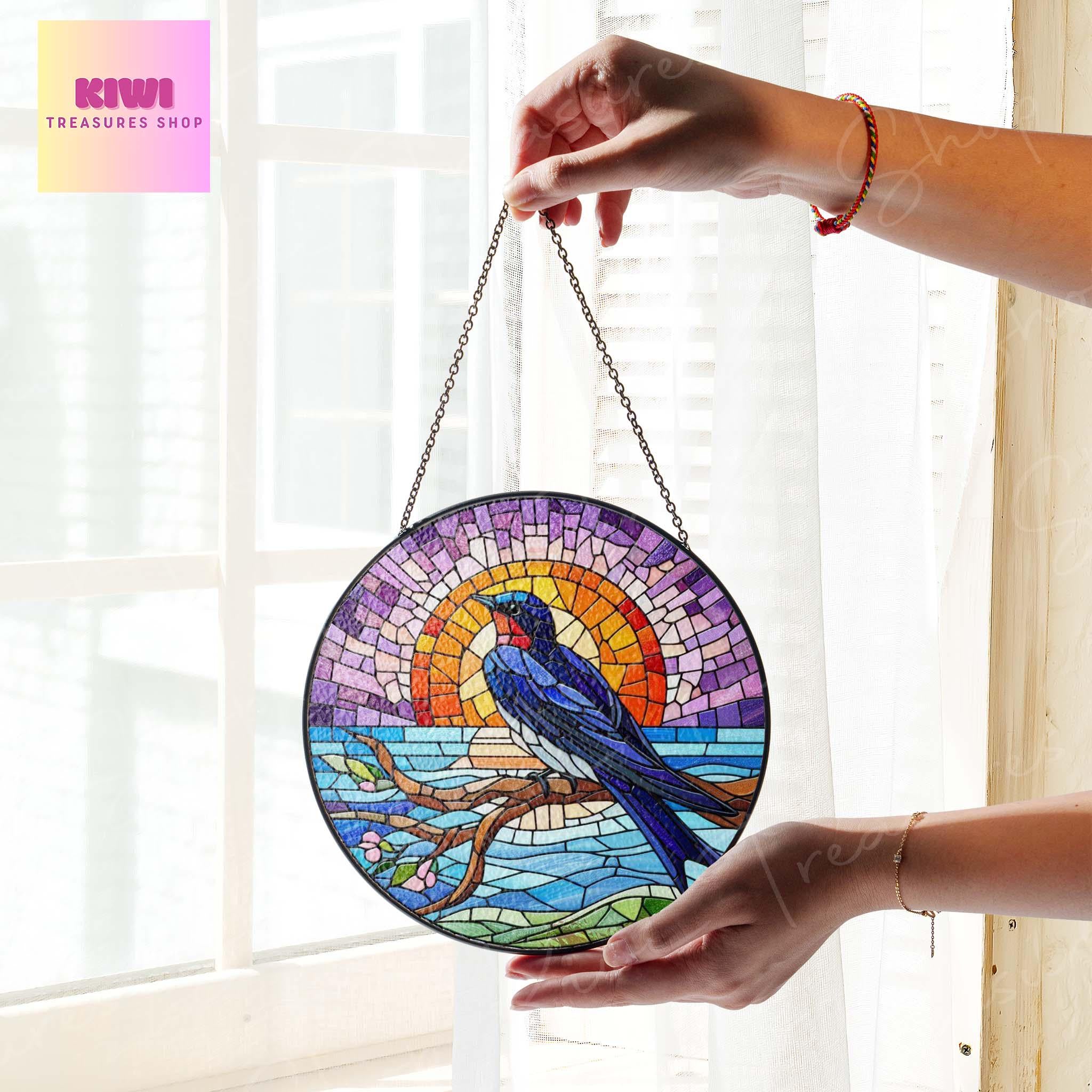 Purple martin bird on branch GLASS Hanging, Sunset landscape, Purple Martin suncatcher, bird watching gift, bird nerd gift