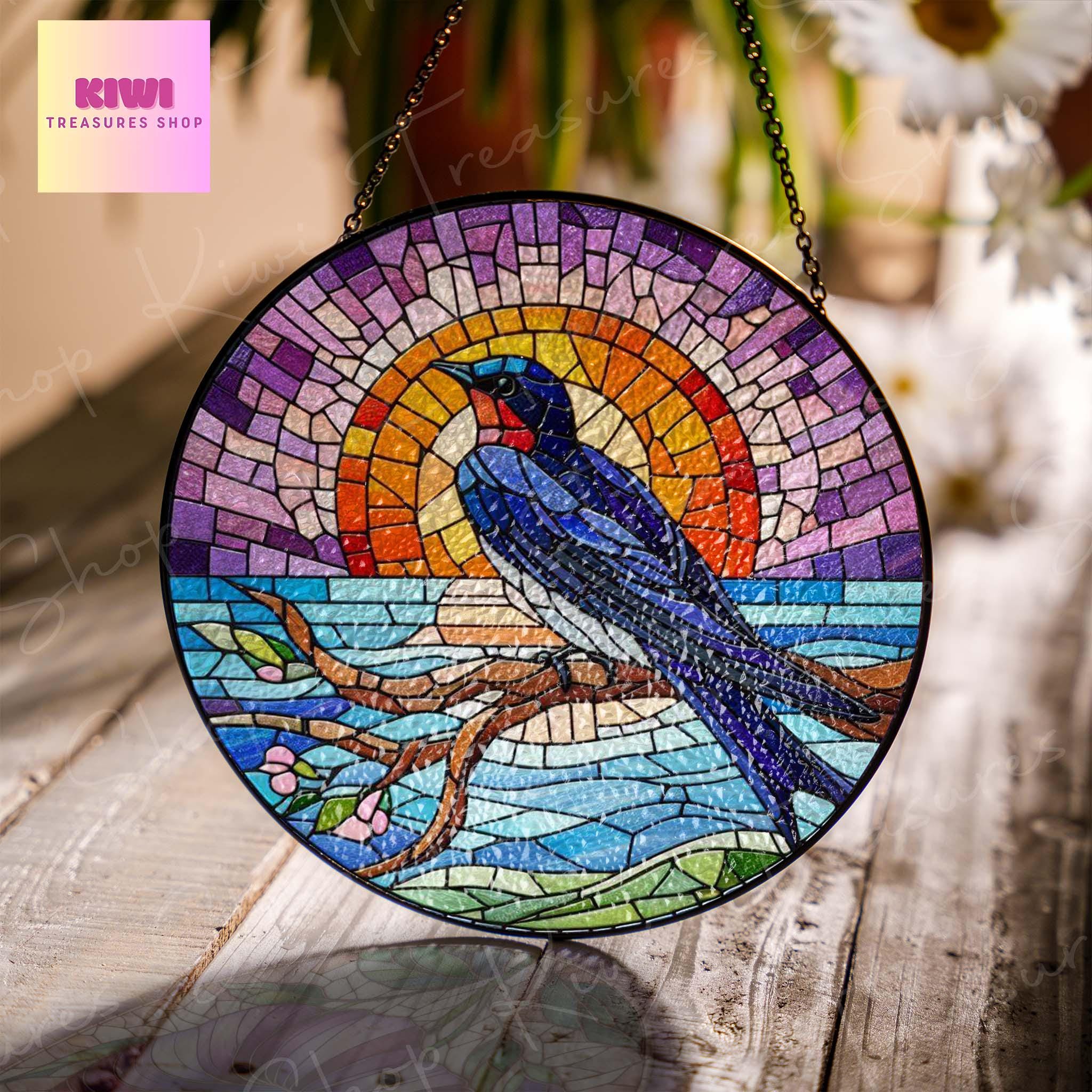 Purple martin bird on branch GLASS Hanging, Sunset landscape, Purple Martin suncatcher, bird watching gift, bird nerd gift