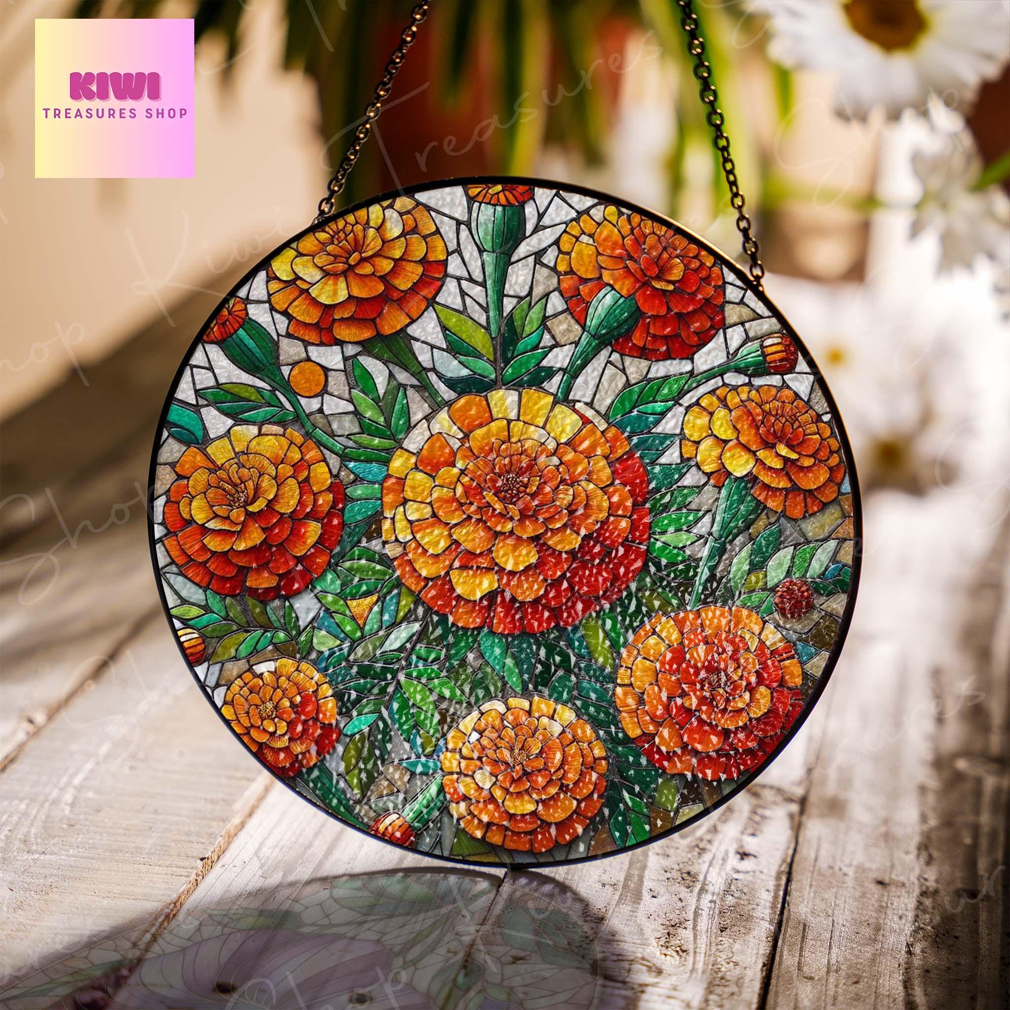 Marigold Flower GLASS Suncatcher Hanging, Birth Month Flower glass, Window hanging, Suncatcher ornament, Marigold glass