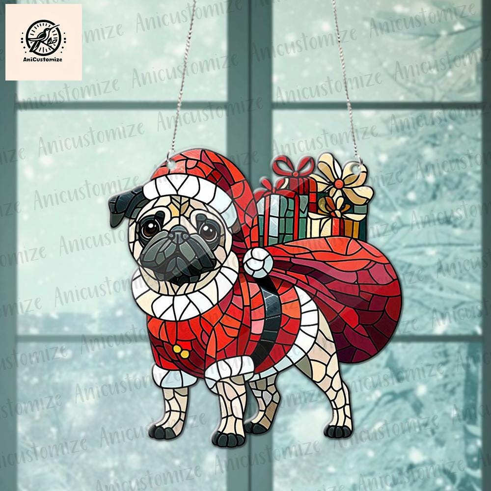 Pug Carry Santa Big Sack ACRYLIC Window Hanging, Pug Christmas Window Hanging, Dog Mom Gift, Christmas Decor, Dog Lover Wall Art, Dog Lover
