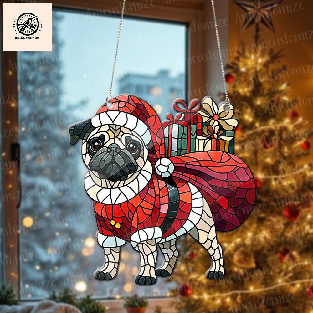 Pug Carry Santa Big Sack ACRYLIC Window Hanging, Pug Christmas Window Hanging, Dog Mom Gift, Christmas Decor, Dog Lover Wall Art, Dog Lover