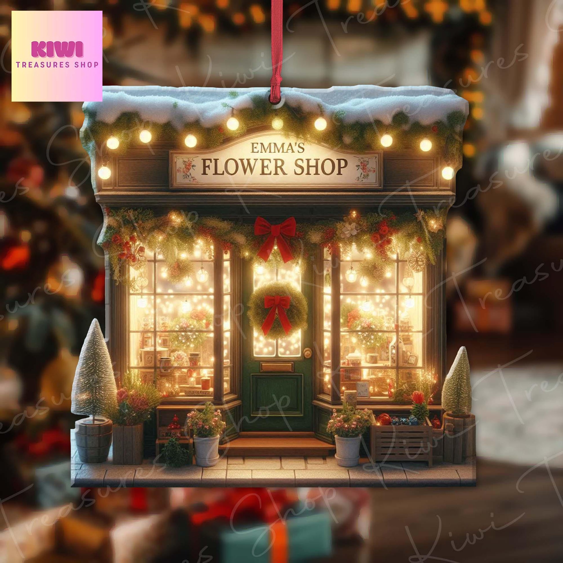Personalized Flower shop front view Xmas Ornament, 2d Flat flower shop ornament, Christmas decor, Christmas keepsake, flower shop owner gift