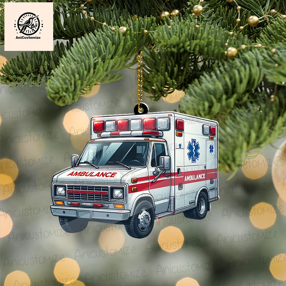 Personalized Ambulance Christmas 2D FLAT Ornament, Ambulance Ornament, Custom Xmas Gift, Driver Xmas Tree Ornaments, Paramedic Ornament
