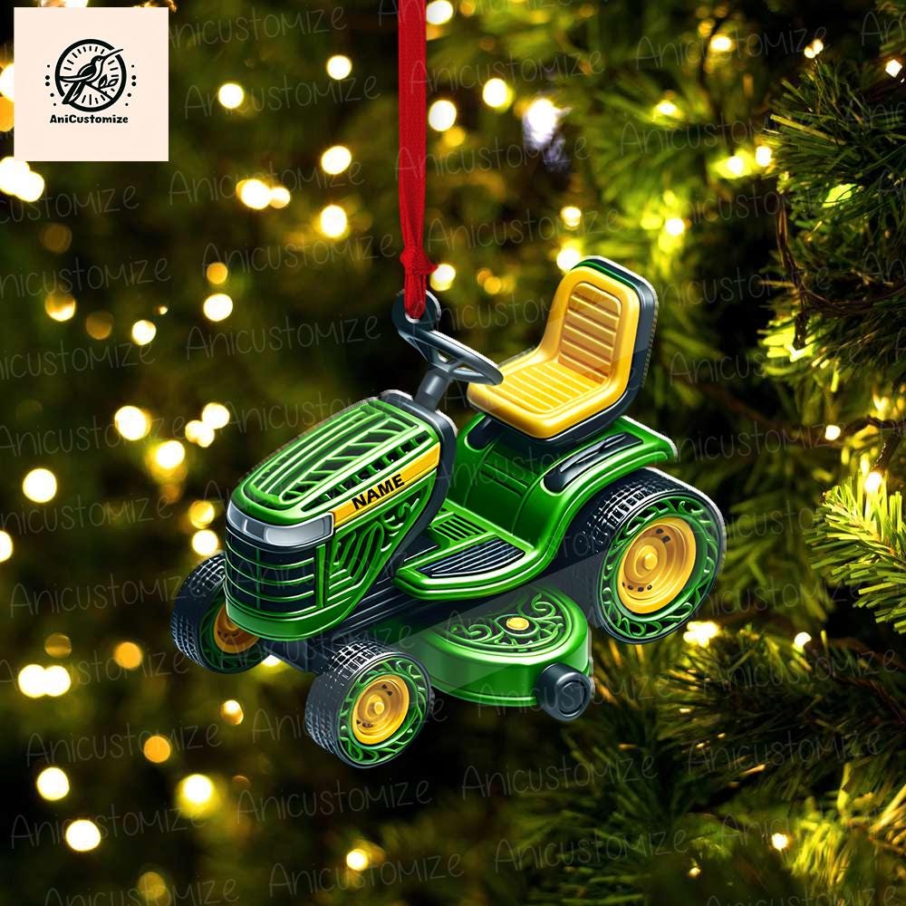 Personalized Lawn Mowers Christmas 2D FLAT Ornament, Riding Mowers With Xmas Light Hanging Ornament, Farmhouse Lawn Ornament, Christmas Gift