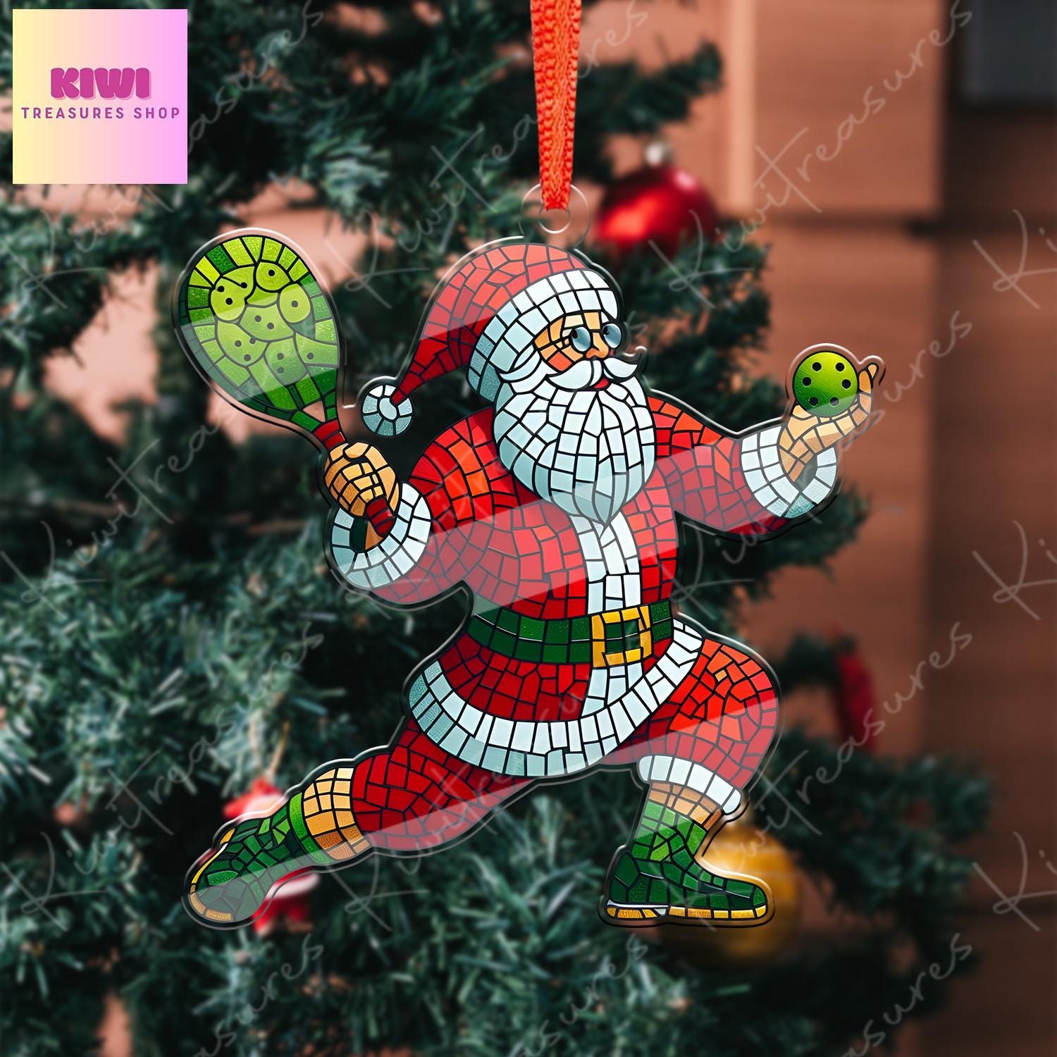 Santa Plays Pickleball Ornament, 2d FLAT Pickleball ornament, Santa Claus, Santa Lover, Picklball ornament, gift for her, sport lover