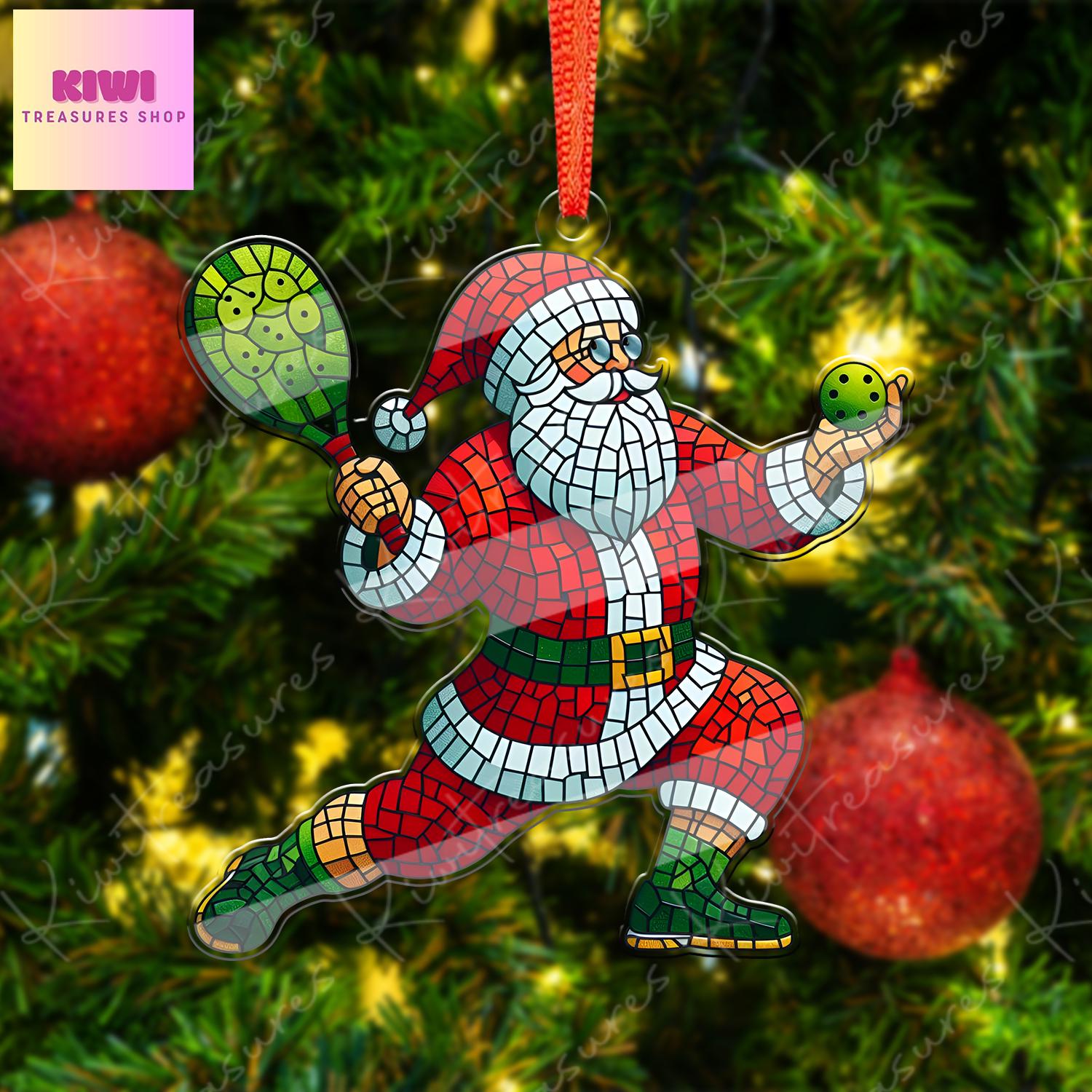 Santa Plays Pickleball Ornament, 2d FLAT Pickleball ornament, Santa Claus, Santa Lover, Picklball ornament, gift for her, sport lover