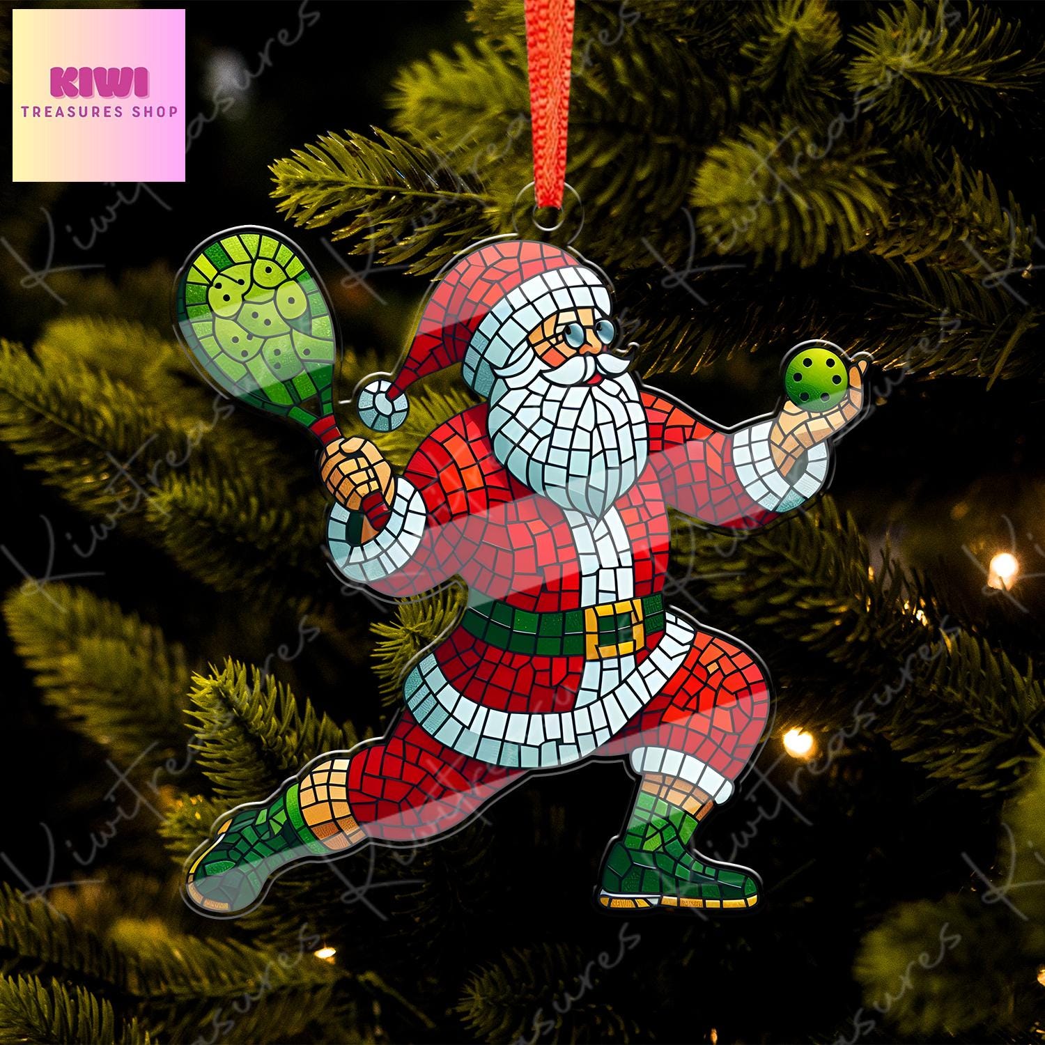 Santa Plays Pickleball Ornament, 2d FLAT Pickleball ornament, Santa Claus, Santa Lover, Picklball ornament, gift for her, sport lover