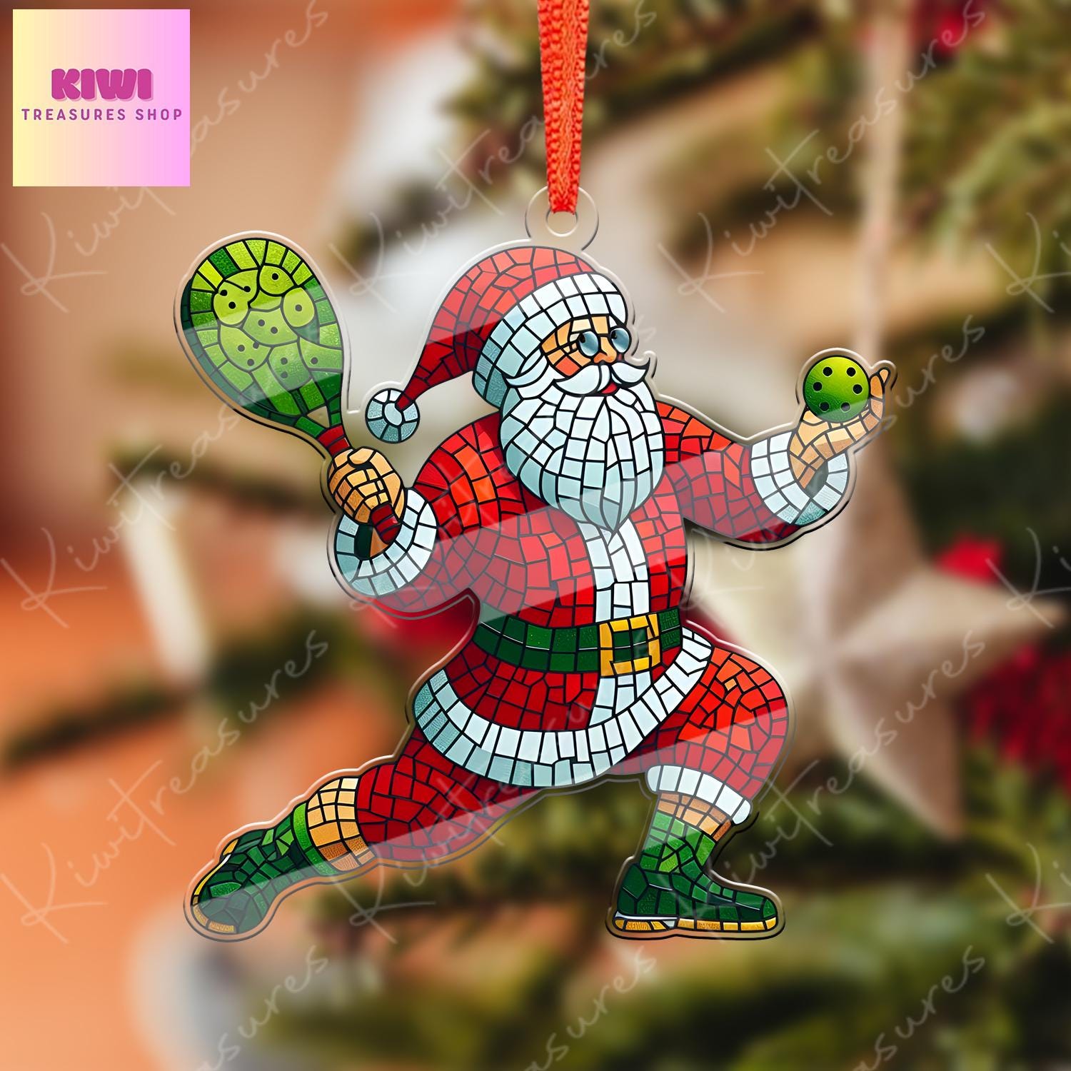Santa Plays Pickleball Ornament, 2d FLAT Pickleball ornament, Santa Claus, Santa Lover, Picklball ornament, gift for her, sport lover