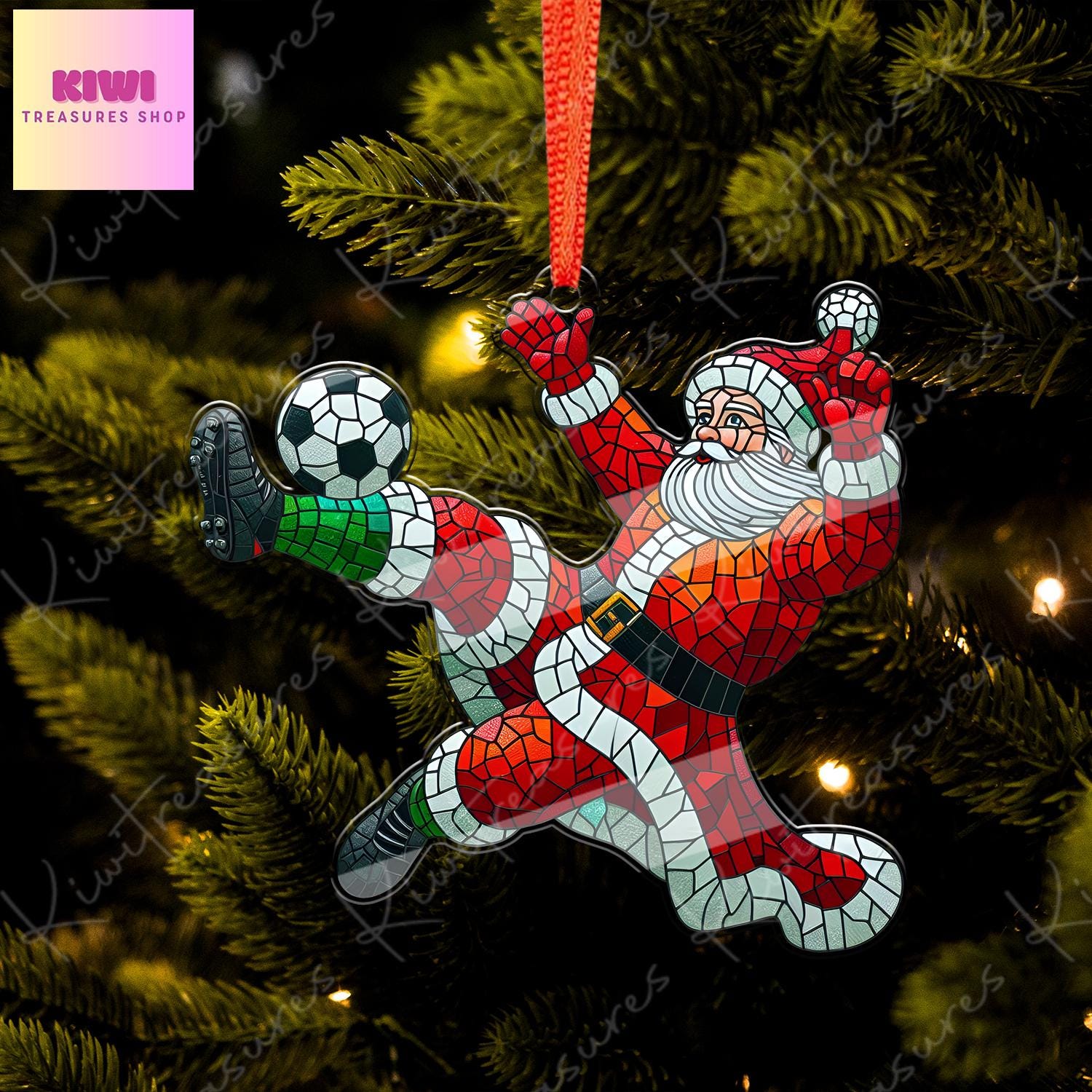 Santa Plays soccer Ornament, 2d FLAT soccer ornament, Santa Claus, Santa Lover, soccer ornament, gift for him, gift for kids, xmas hanging