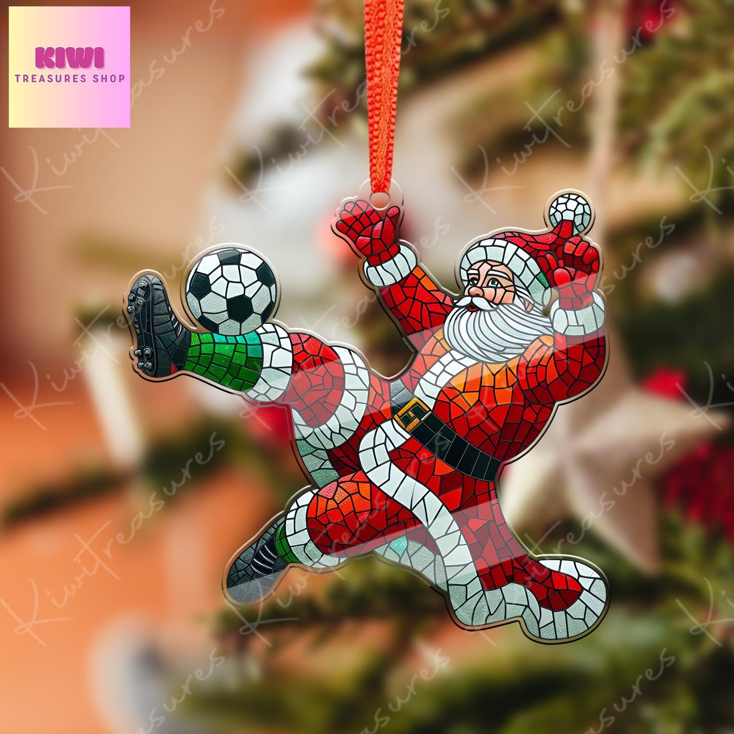Santa Plays soccer Ornament, 2d FLAT soccer ornament, Santa Claus, Santa Lover, soccer ornament, gift for him, gift for kids, xmas hanging