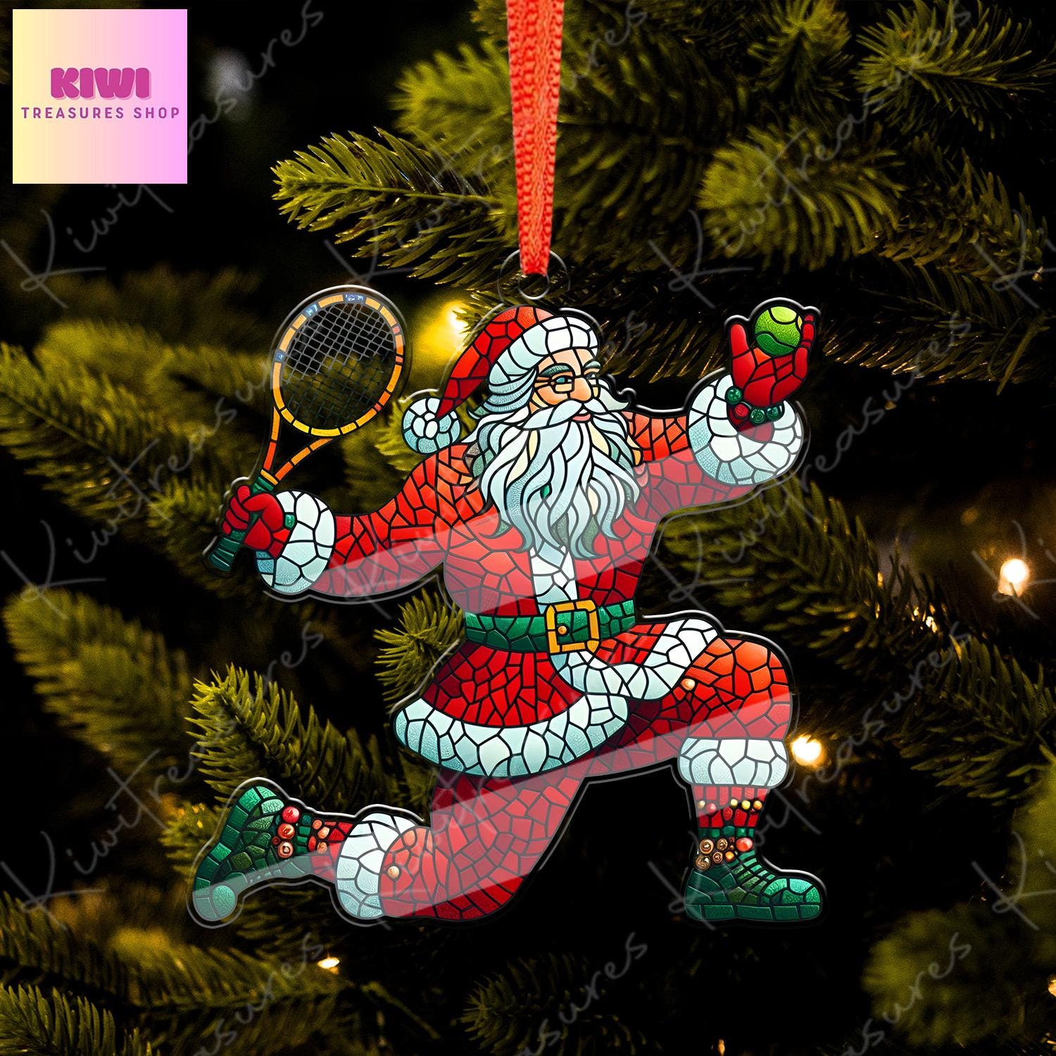Santa Plays tennis Ornament, 2d FLAT tennis ornament, Santa Claus, Santa Lover, Tennis ornament, gift for her, sport lover