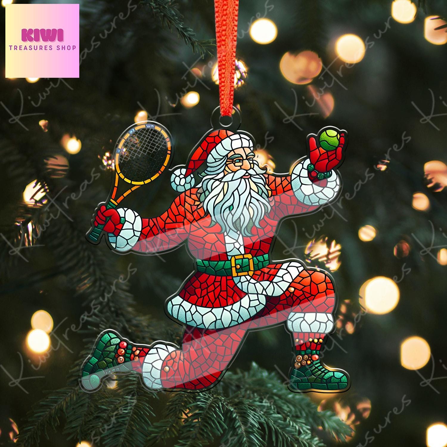 Santa Plays tennis Ornament, 2d FLAT tennis ornament, Santa Claus, Santa Lover, Tennis ornament, gift for her, sport lover