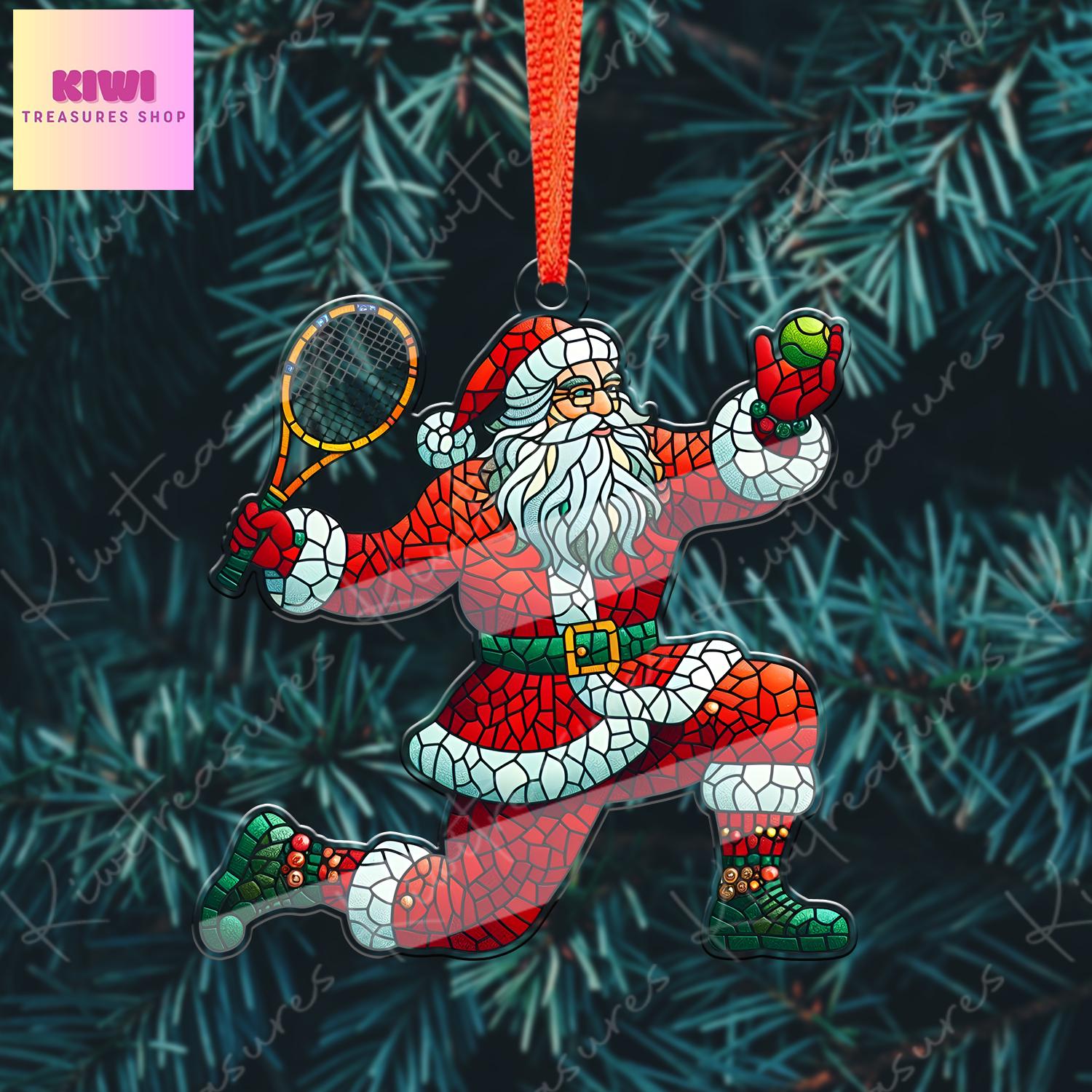 Santa Plays tennis Ornament, 2d FLAT tennis ornament, Santa Claus, Santa Lover, Tennis ornament, gift for her, sport lover