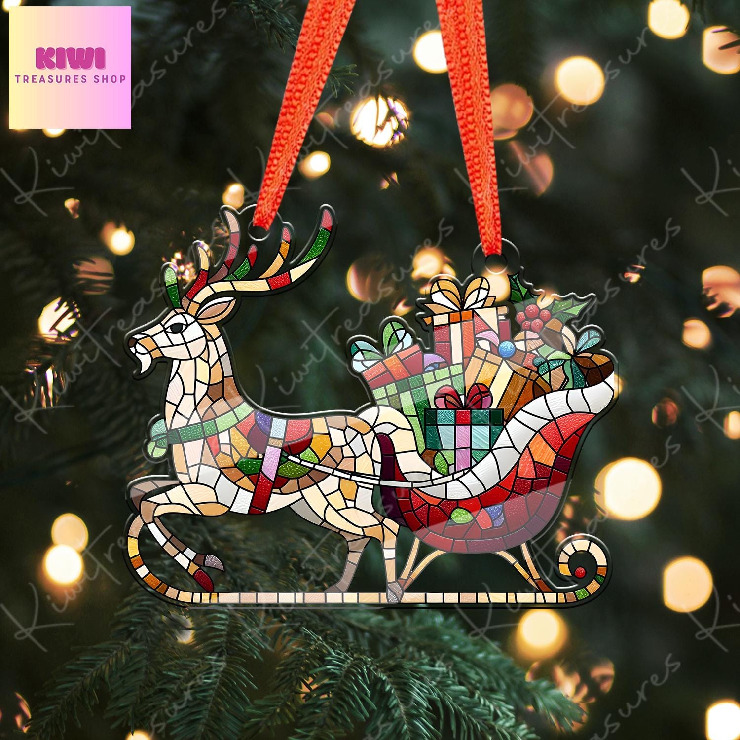 Santa sleigh presents Ornament, reindeer ornament, Christmas decor, Merry Christmas, sleigh ornament, Christmas hanging