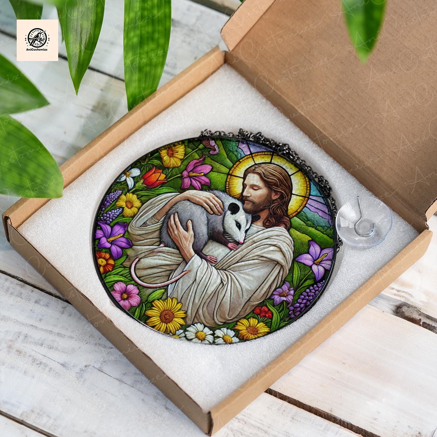 Jesus Hugging Possum GLASS Suncatcher Decor, Funny Christmas,Funny Decor, Christian Gift, Possum Decor, Funny Animal Gift, Xmas Gift