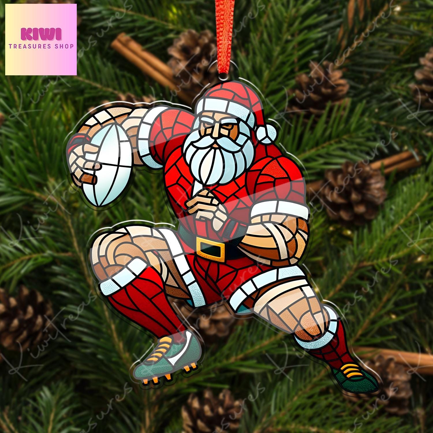 Santa Plays Rugby Ornament, 2d FLAT Rugby ornament, Santa Claus, Santa Lover, Rugby ornament, gift for her, sport lover