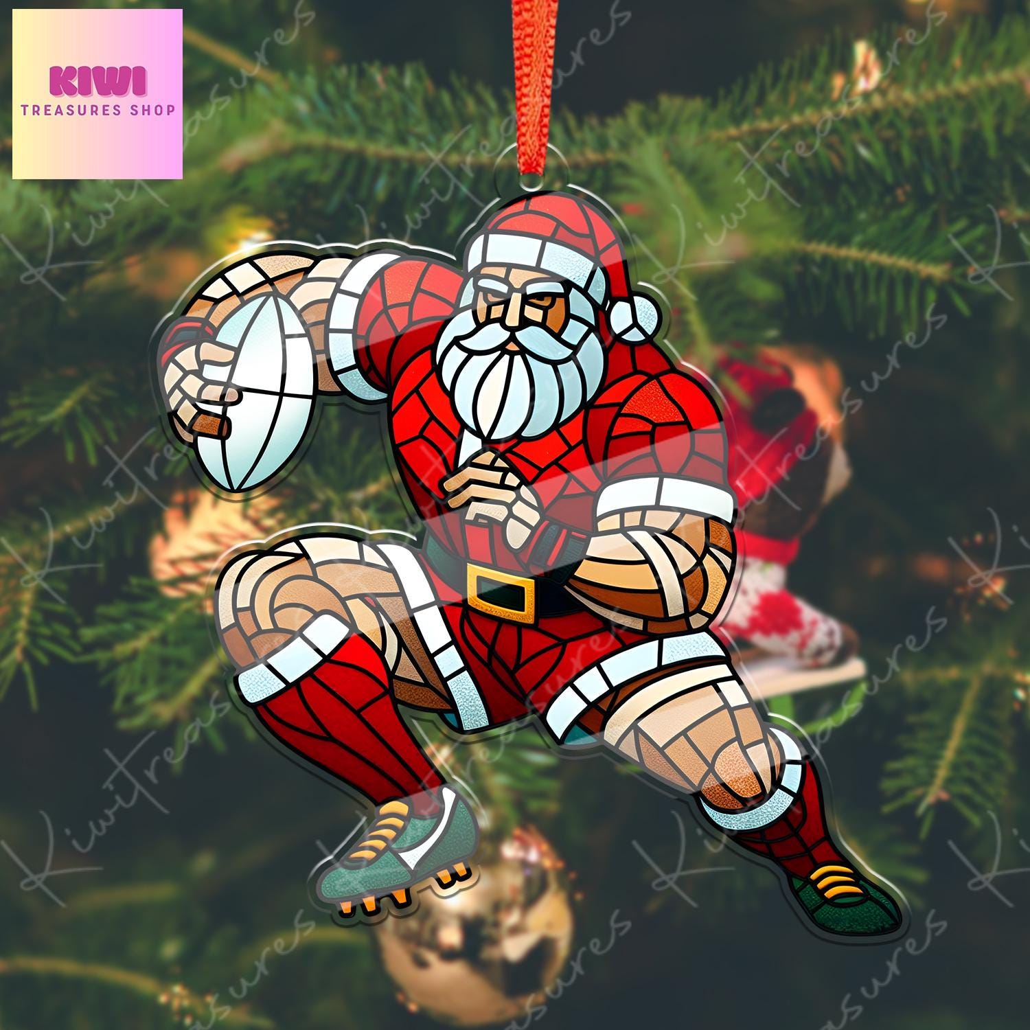 Santa Plays Rugby Ornament, 2d FLAT Rugby ornament, Santa Claus, Santa Lover, Rugby ornament, gift for her, sport lover