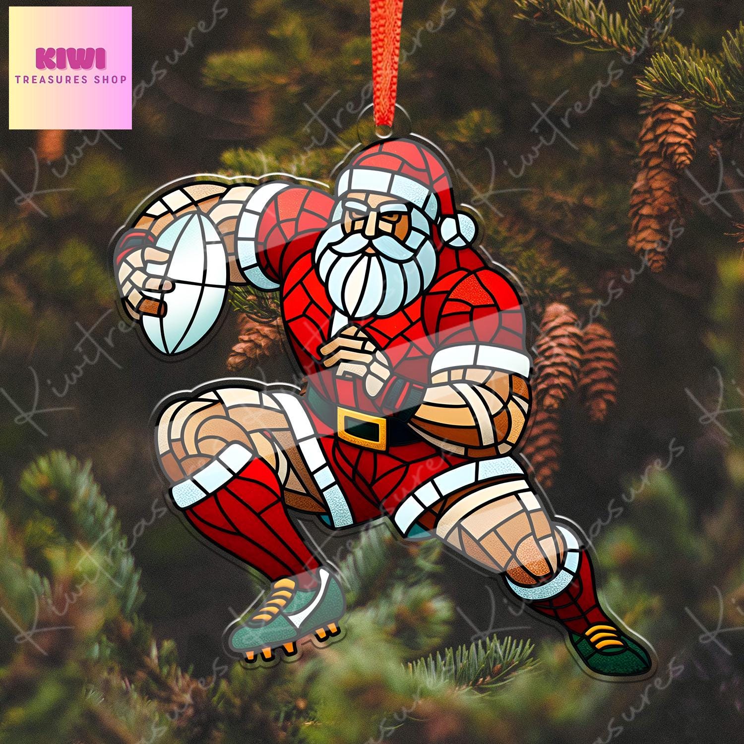 Santa Plays Rugby Ornament, 2d FLAT Rugby ornament, Santa Claus, Santa Lover, Rugby ornament, gift for her, sport lover