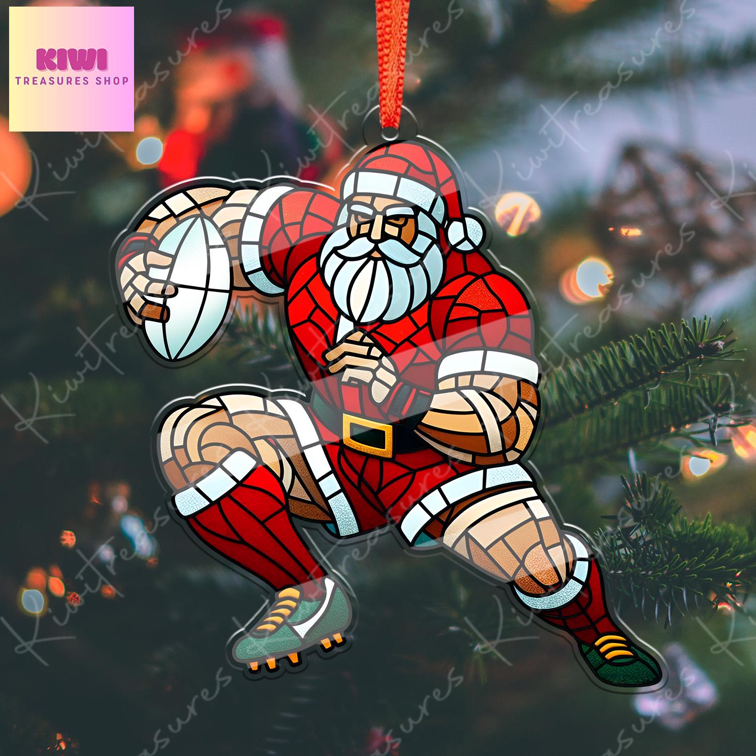 Santa Plays Rugby Ornament, 2d FLAT Rugby ornament, Santa Claus, Santa Lover, Rugby ornament, gift for her, sport lover