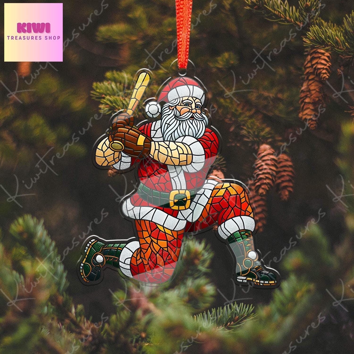 Santa Plays Baseball Ornament, 2d FLAT baseball ornament, Santa Claus, Santa Lover, baseball ornament, gift for her, sport lover