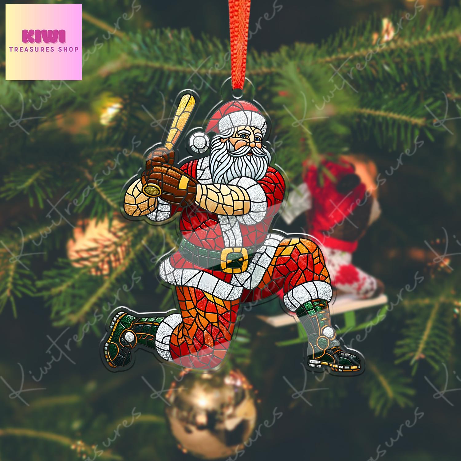Santa Plays Baseball Ornament, 2d FLAT baseball ornament, Santa Claus, Santa Lover, baseball ornament, gift for her, sport lover