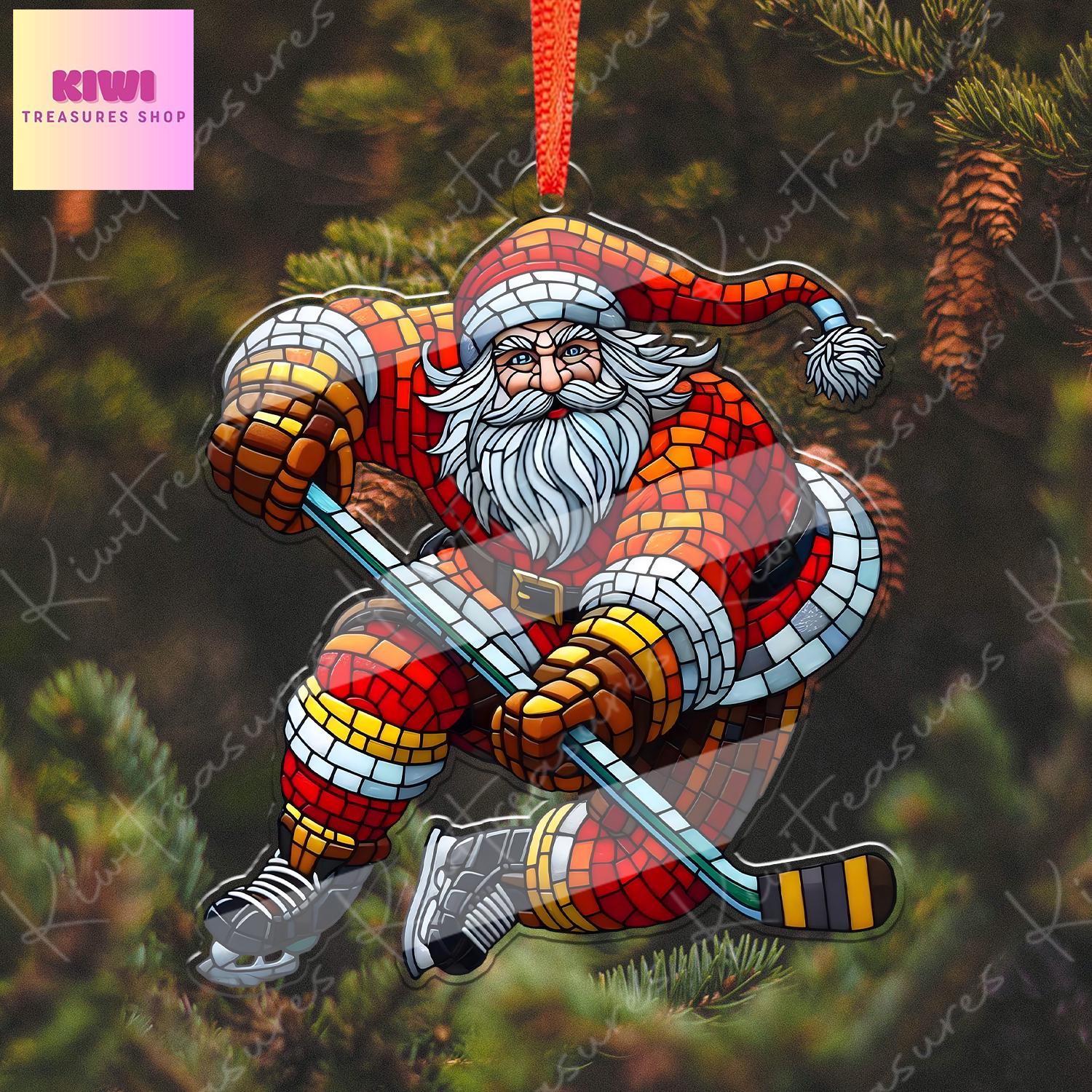 Santa Plays Ice hockey Ornament, 2d FLAT ice hockey ornament, Santa Claus, Santa Lover, ice hockey ornament, gift for her, sport lover