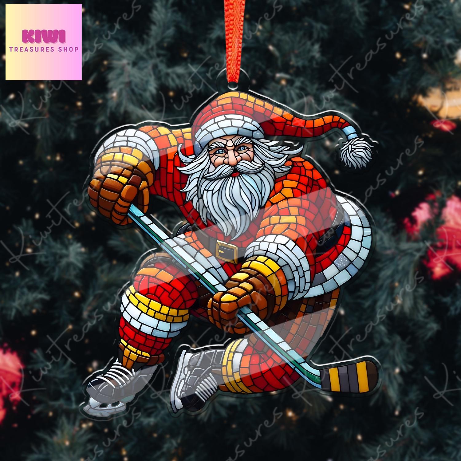 Santa Plays Ice hockey Ornament, 2d FLAT ice hockey ornament, Santa Claus, Santa Lover, ice hockey ornament, gift for her, sport lover