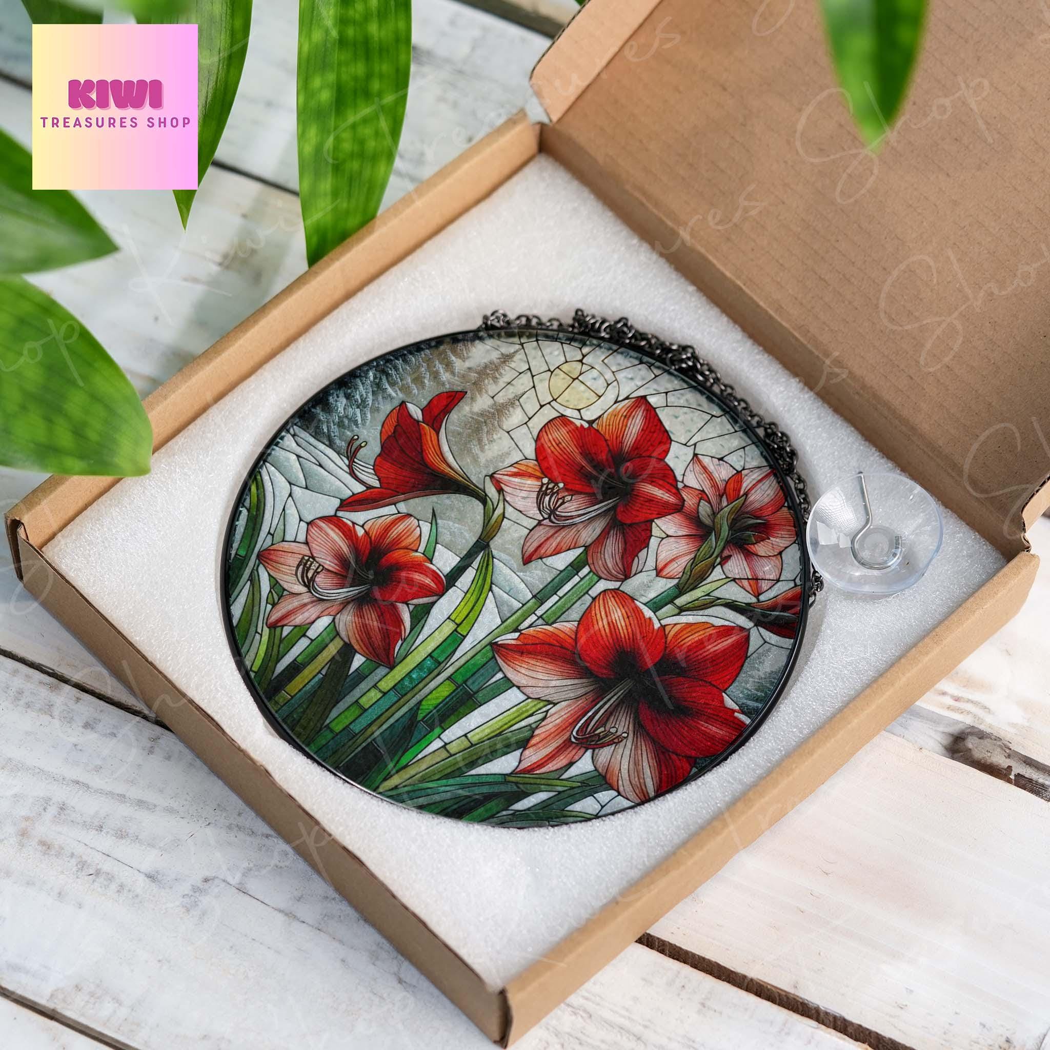 Amaryllis Flowers GLASS Suncatcher Hanging, Winter suncatcher, Window hanging, Mother's day gift 2025, Amaryllis lover gift