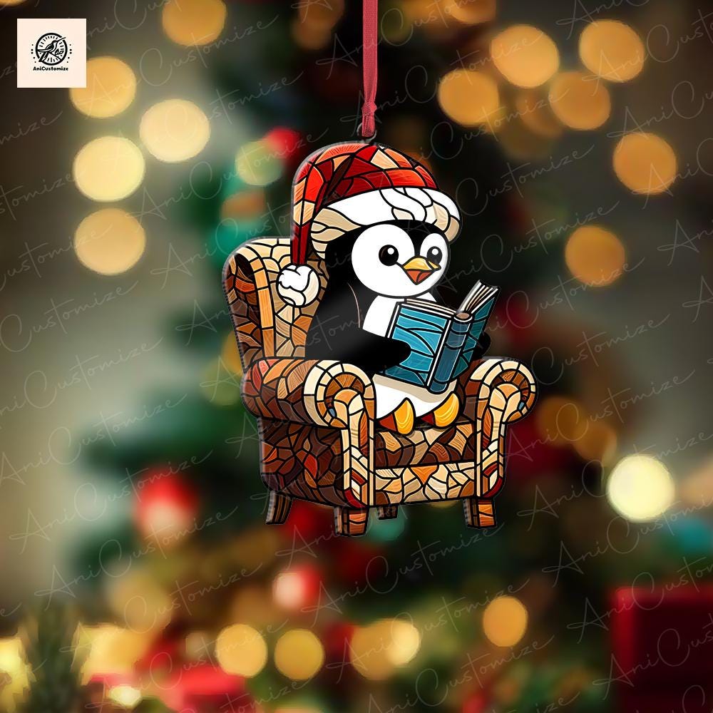 Penguin Reading Christmas Ornament, Penguin Sit In Armchair Ornament, Animal Ornament, Christmas Ornament, Bookish Gift, Penguin Book Lovers