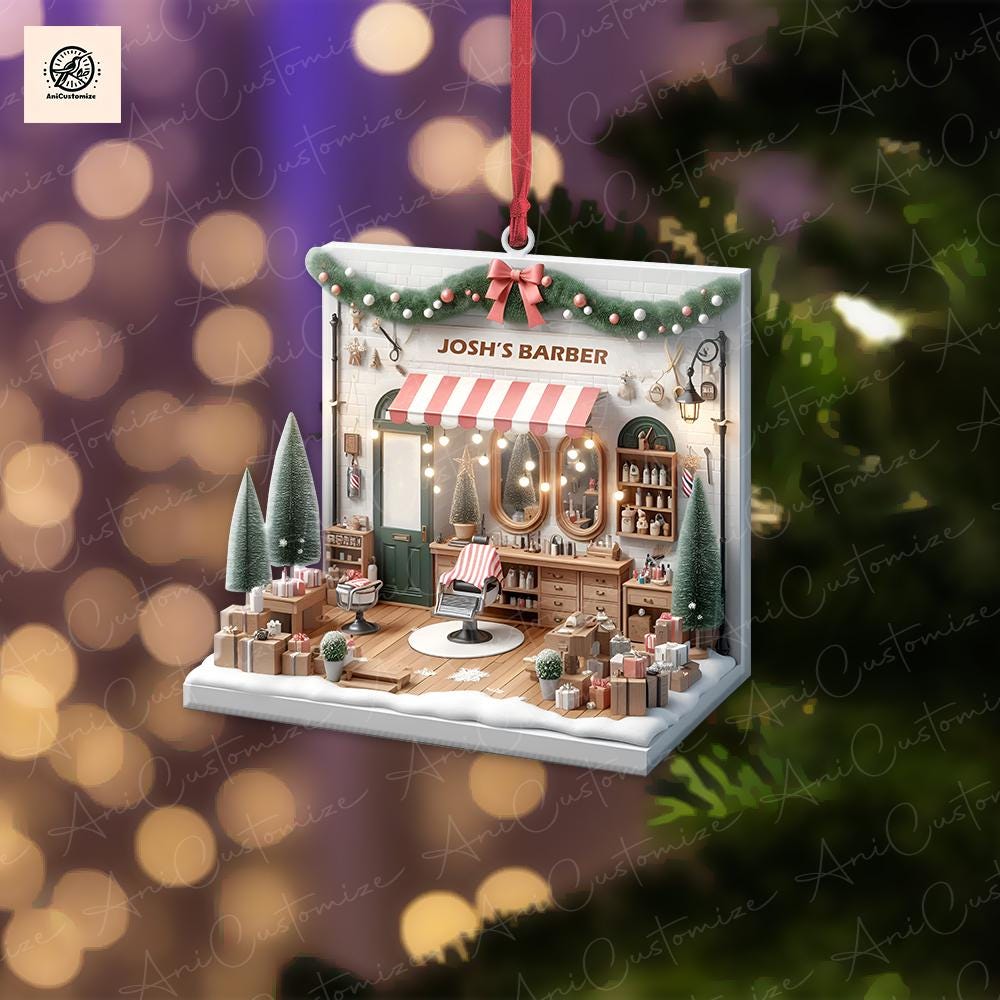 Personalized Barber Shop 2D FLAT Christmas Ornament, Barber Acrylic Ornament, Christmas Gift For Barber, Barber Shop Decor Christmas Gift