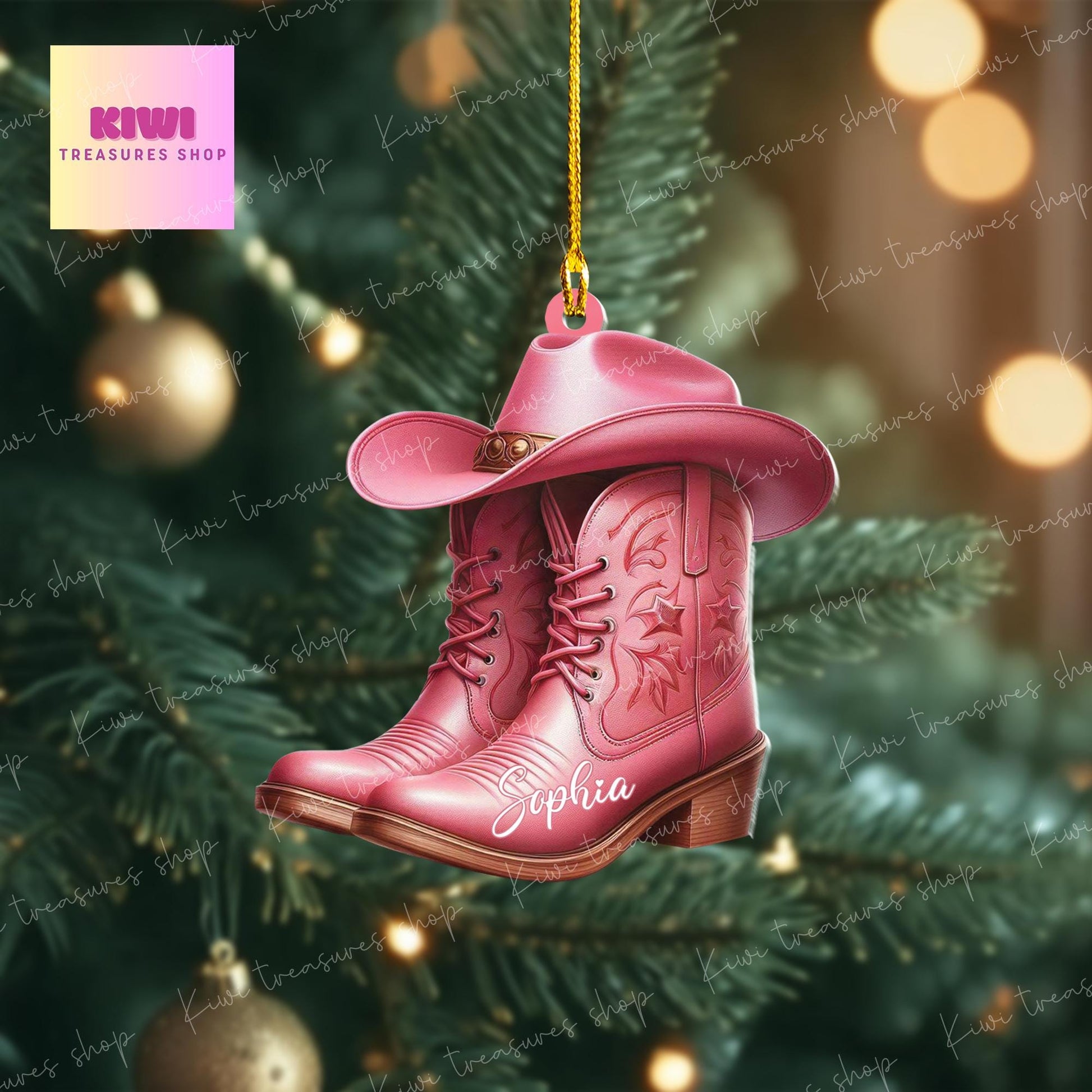 Personalized Pink boots Ornament, Western cowgirl boots ornament, Flat 2D Ornament, Western cowgirl gift, custom name, xmas gift