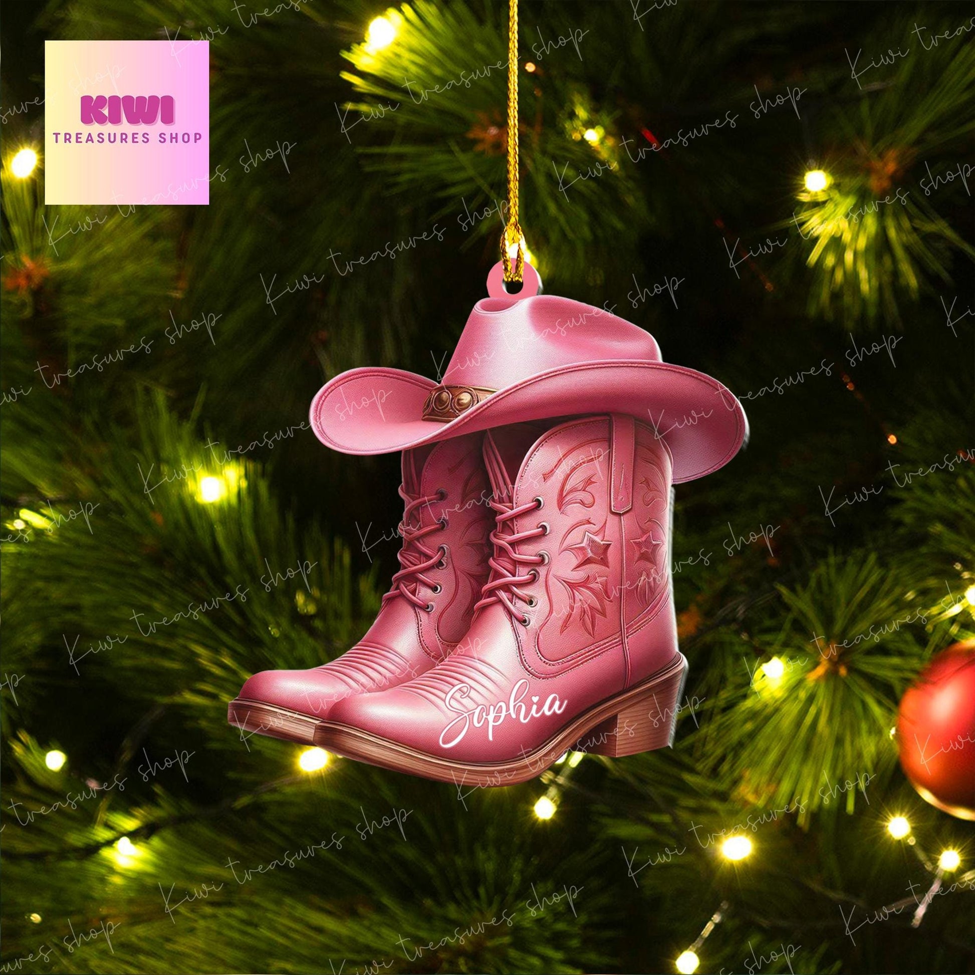 Personalized Pink boots Ornament, Western cowgirl boots ornament, Flat 2D Ornament, Western cowgirl gift, custom name, xmas gift