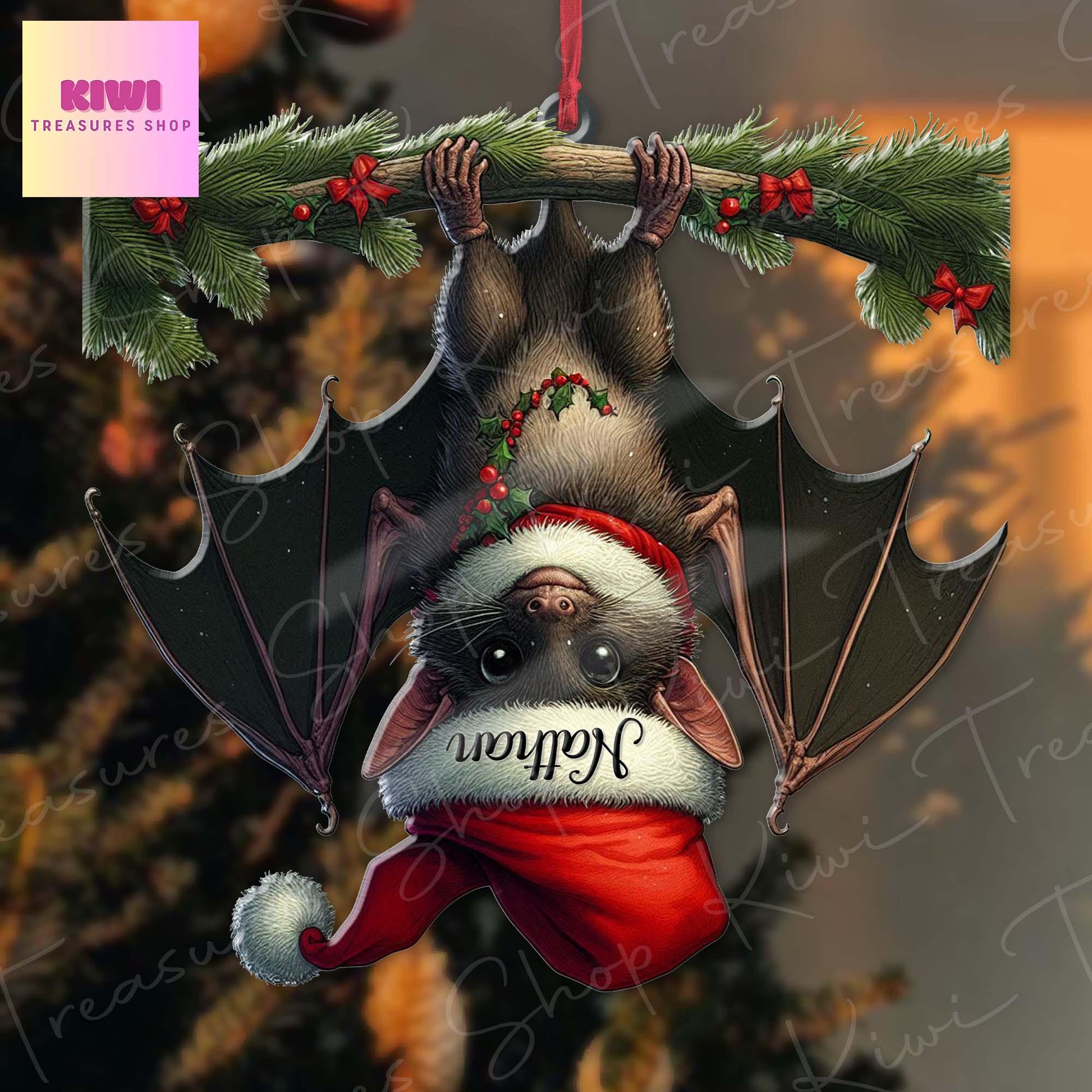 Personalized Bat Upside down Ornament, 2d Flat Bat ornament, Christmas decor, Christmas keepsake, Bat lover gift, Funny Bat Christmas decor