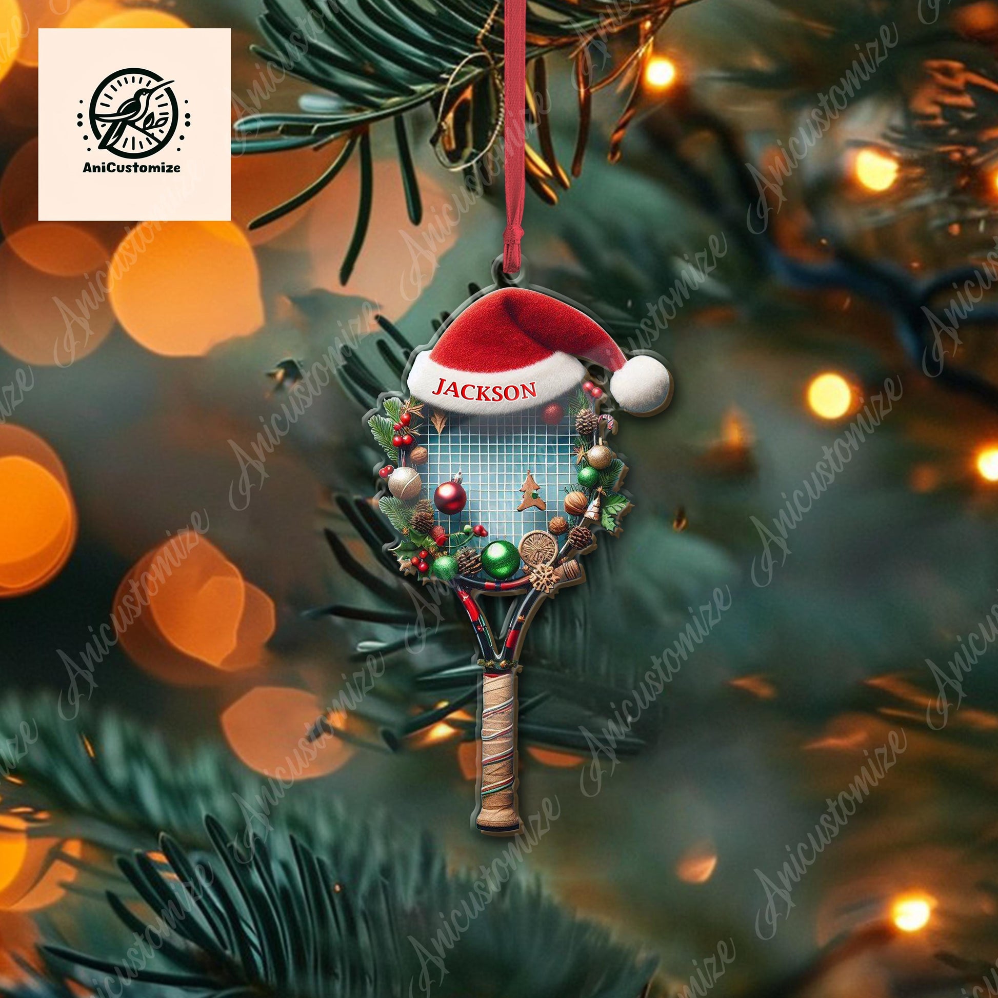 2D Flat Christmas Tennis Racket Ornament Decor, Tennis Lover Decor, Custom Ornament Gift, Tennis Gift, Tennis Player Decor, Sport Lover Gift