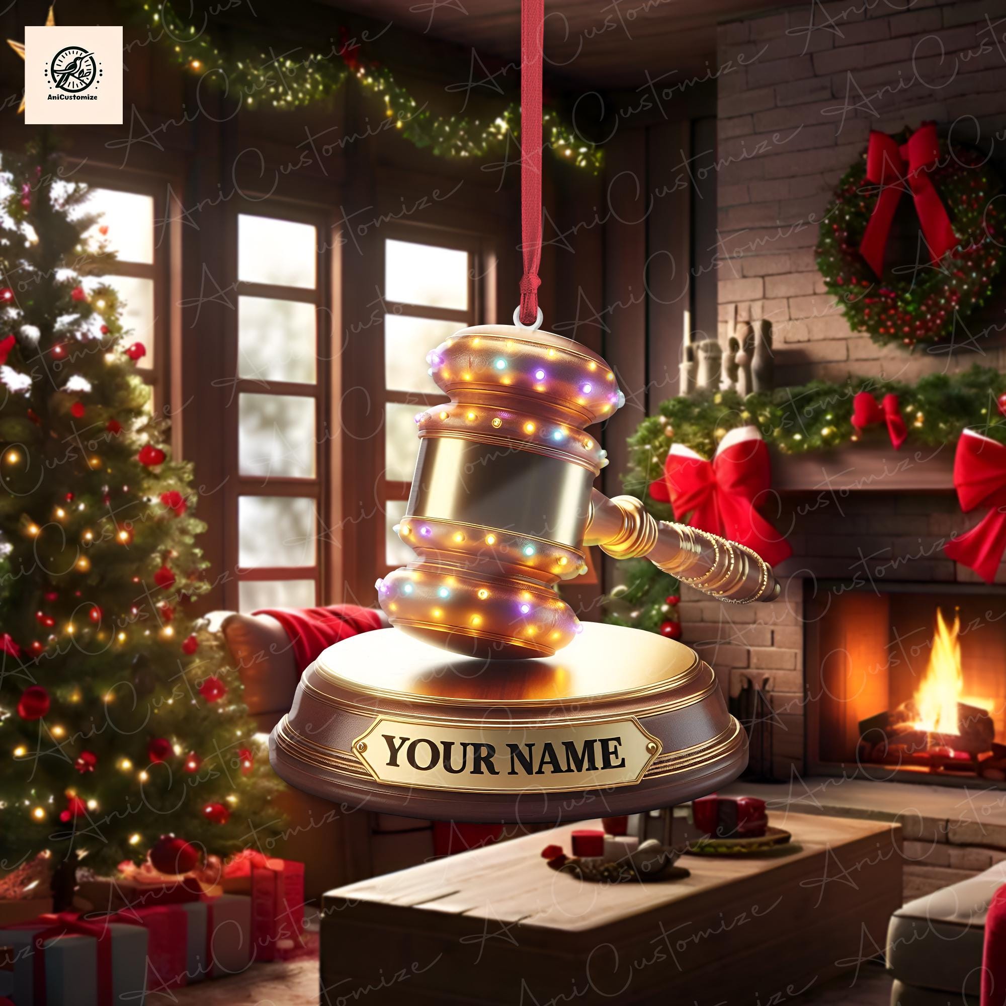 2D FLAT Personalized Golden Judge Gavel Christmas Light Ornament, Christmas Tree Decor, Loved Judge Gavel Ornament, Laywer Ornament Gift