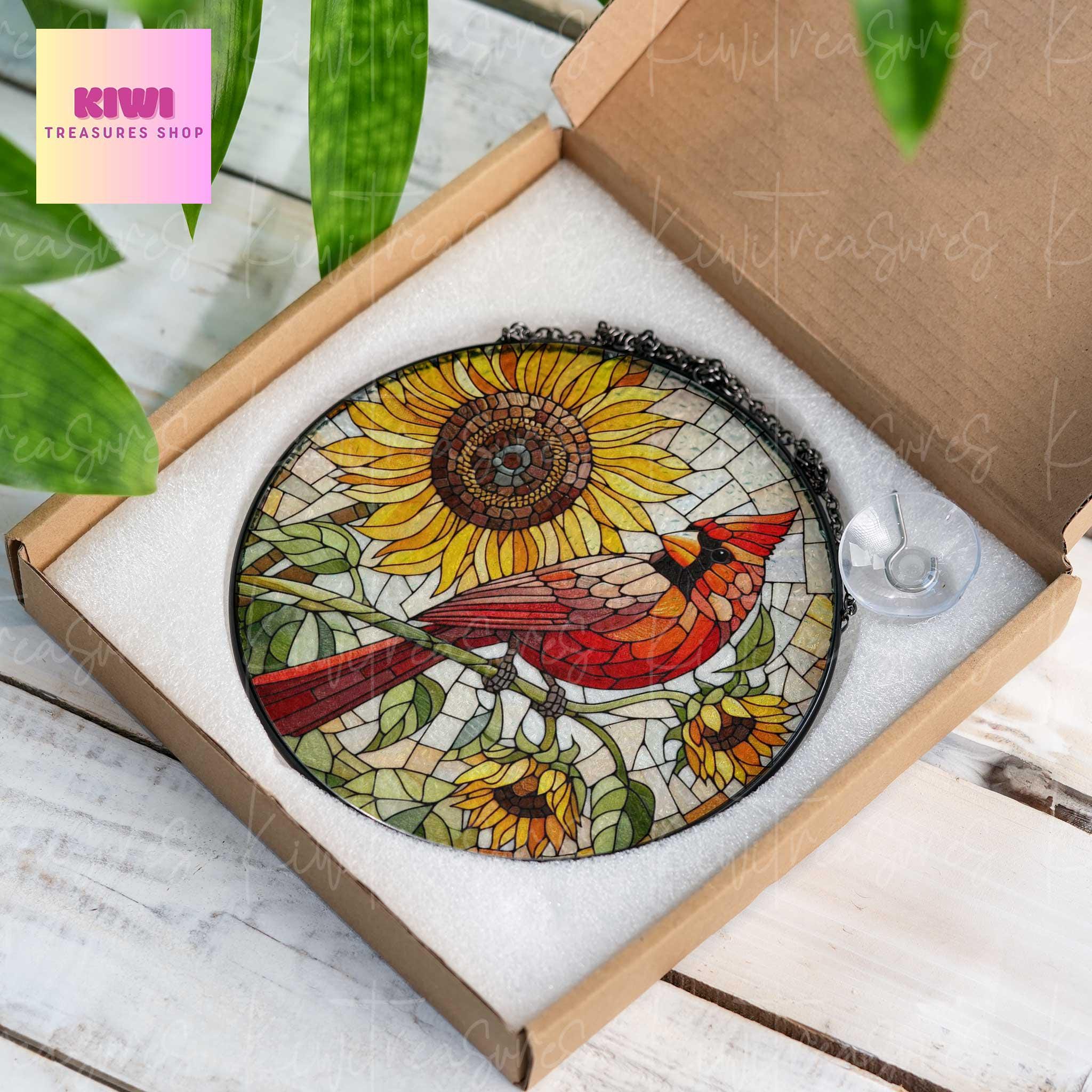 Cardinal and sunflowers GLASS suncatcher Hanging, birds glass hanging, cardinal suncatcher, sunflower lover idea gift, Kitchen decor