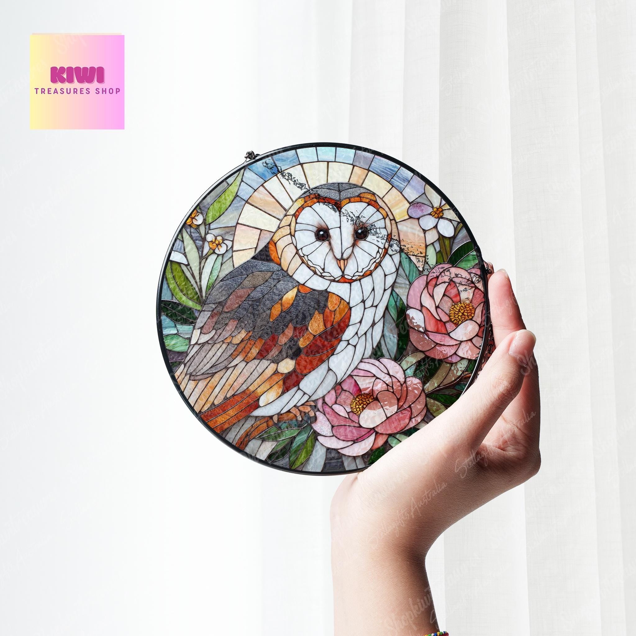 Barn Owl and peonies GLASS suncatcher Hanging, Owl glass hanging, Peonies suncatcher, peony lover idea gift, Kitchen decor, owl lover