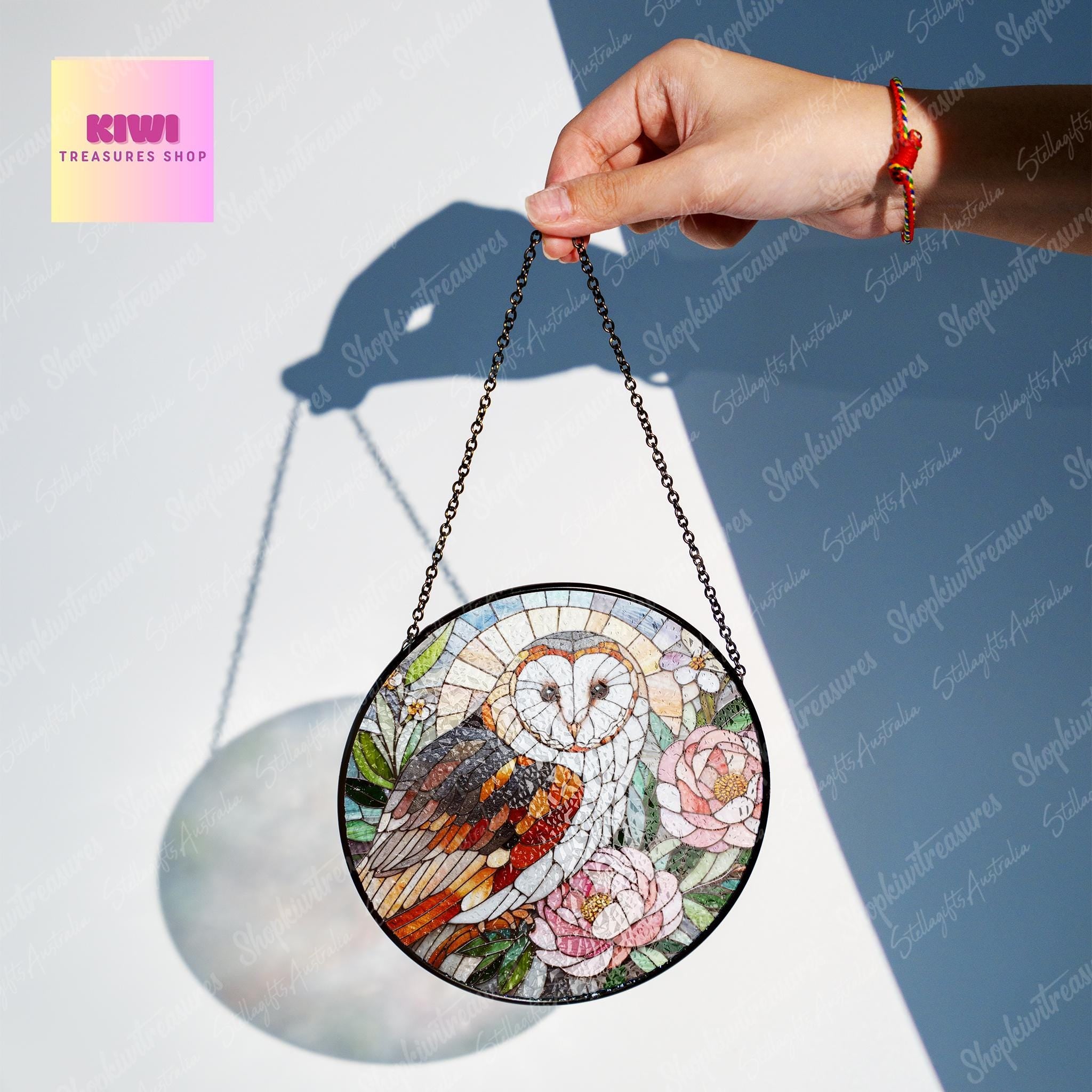 Barn Owl and peonies GLASS suncatcher Hanging, Owl glass hanging, Peonies suncatcher, peony lover idea gift, Kitchen decor, owl lover