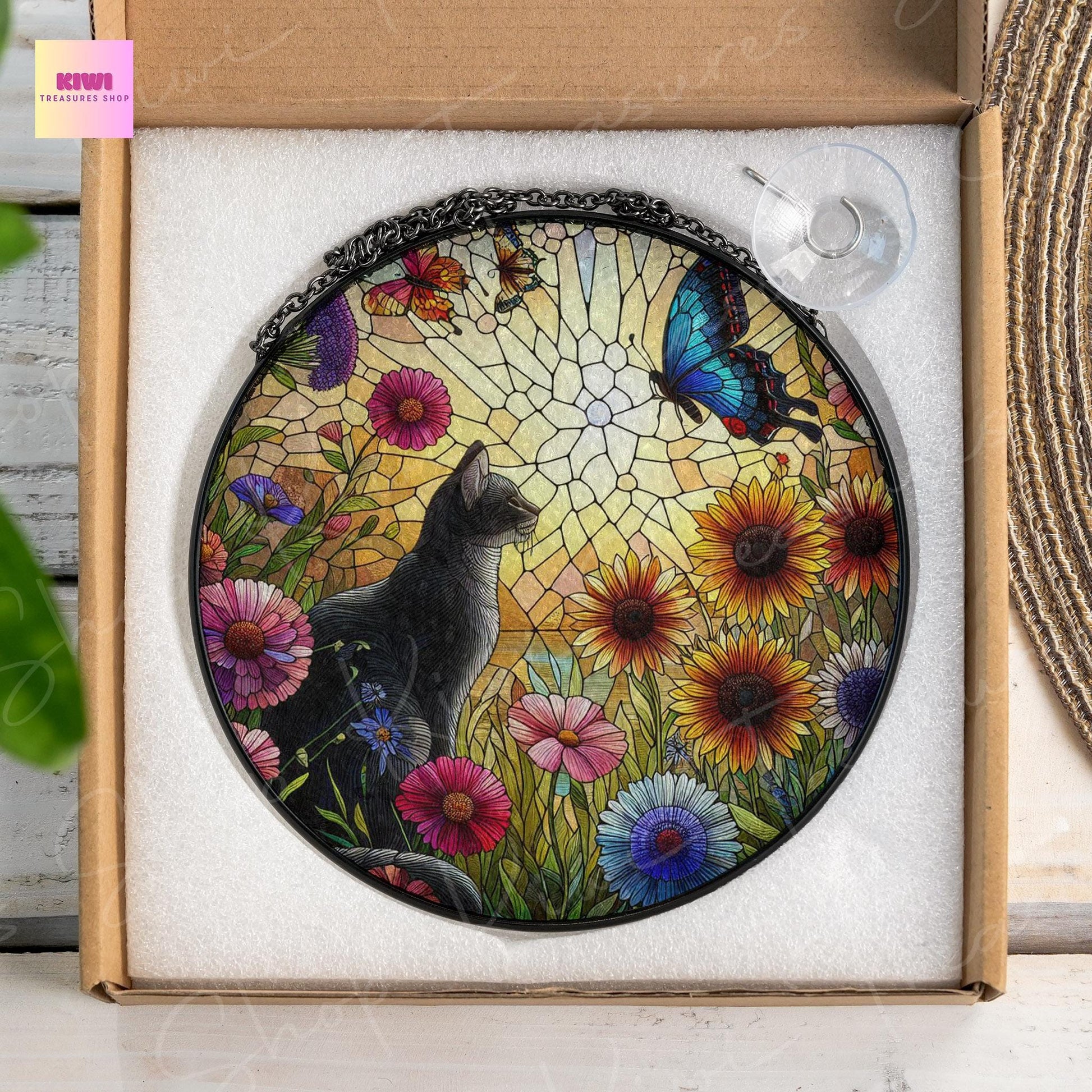 Wildflower Garden Black Cat GLASS Window Hanging, Glass suncatcher,  Flower Mom GIft, Butterfly Lover, Black Cat Lover, Cat Mom Gift