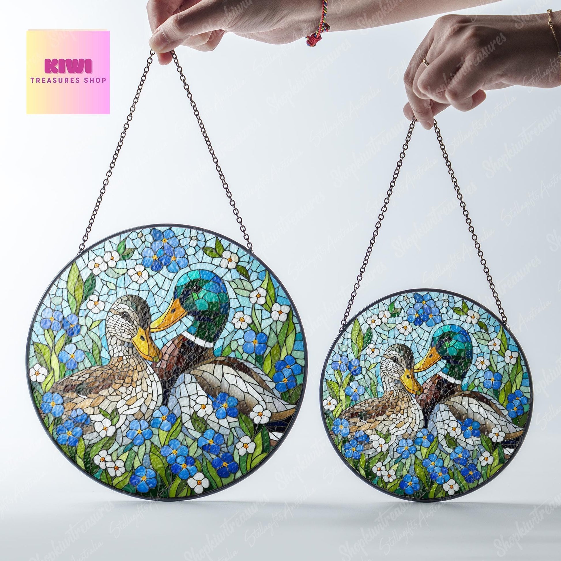 Mallard Duck couple among forget-me-not GLASS Suncatcher Hanging, Duck Lover Decor, Mallard duck, Home Decor, forget me not suncatcher