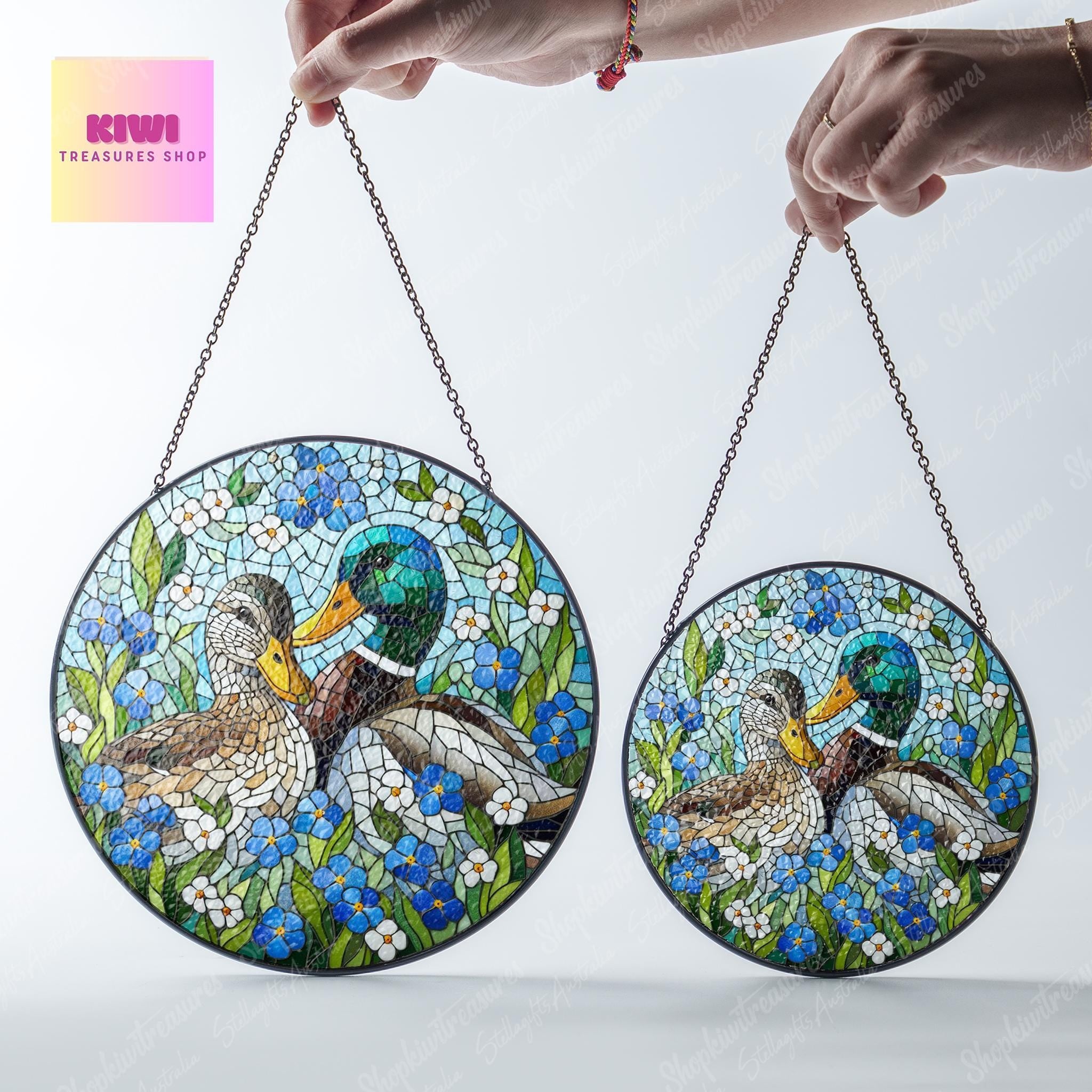 Mallard Duck couple among forget-me-not GLASS Suncatcher Hanging, Duck Lover Decor, Mallard duck, Home Decor, forget me not suncatcher