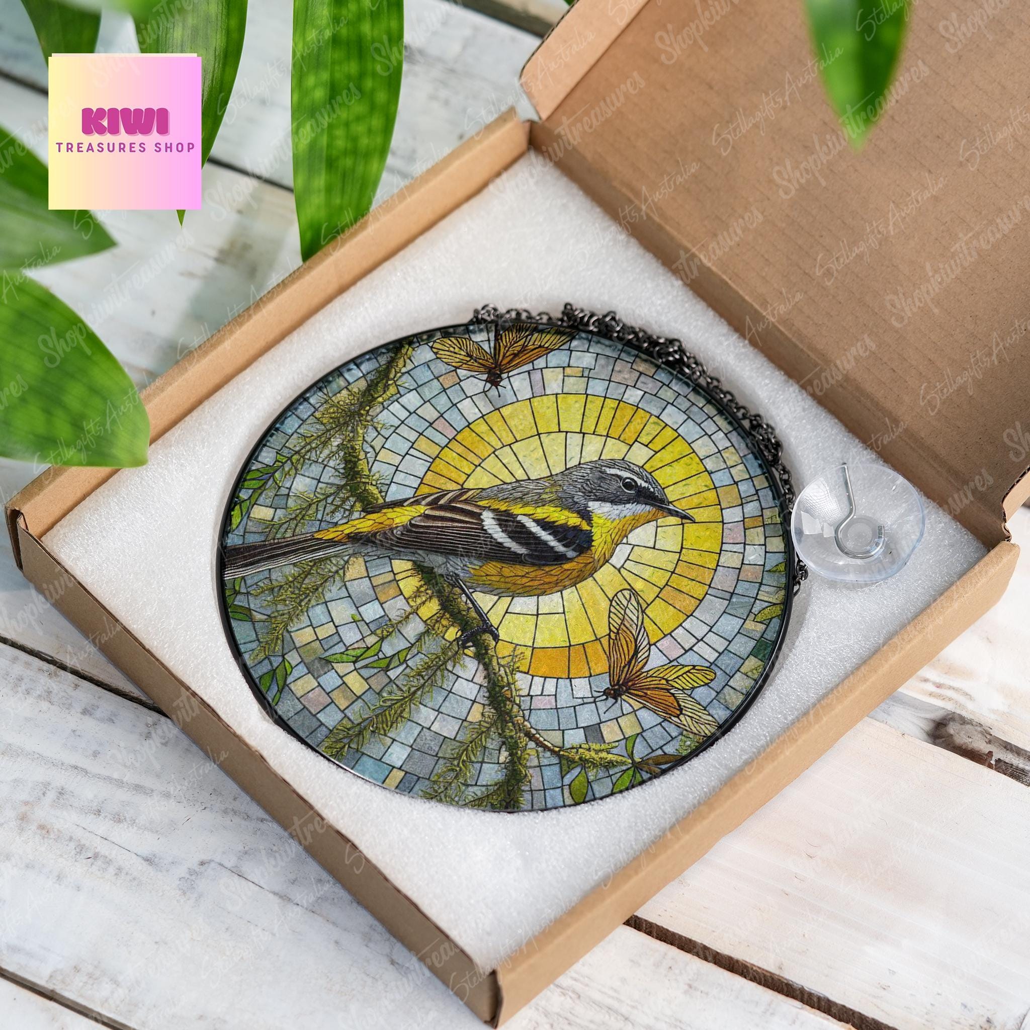 Yellow-Rumped Warbler Bird GLASS Suncatcher,Spanish moss Suncatcher Ornament, bird watching gift, Housewarming gift, Warbler Bird lover