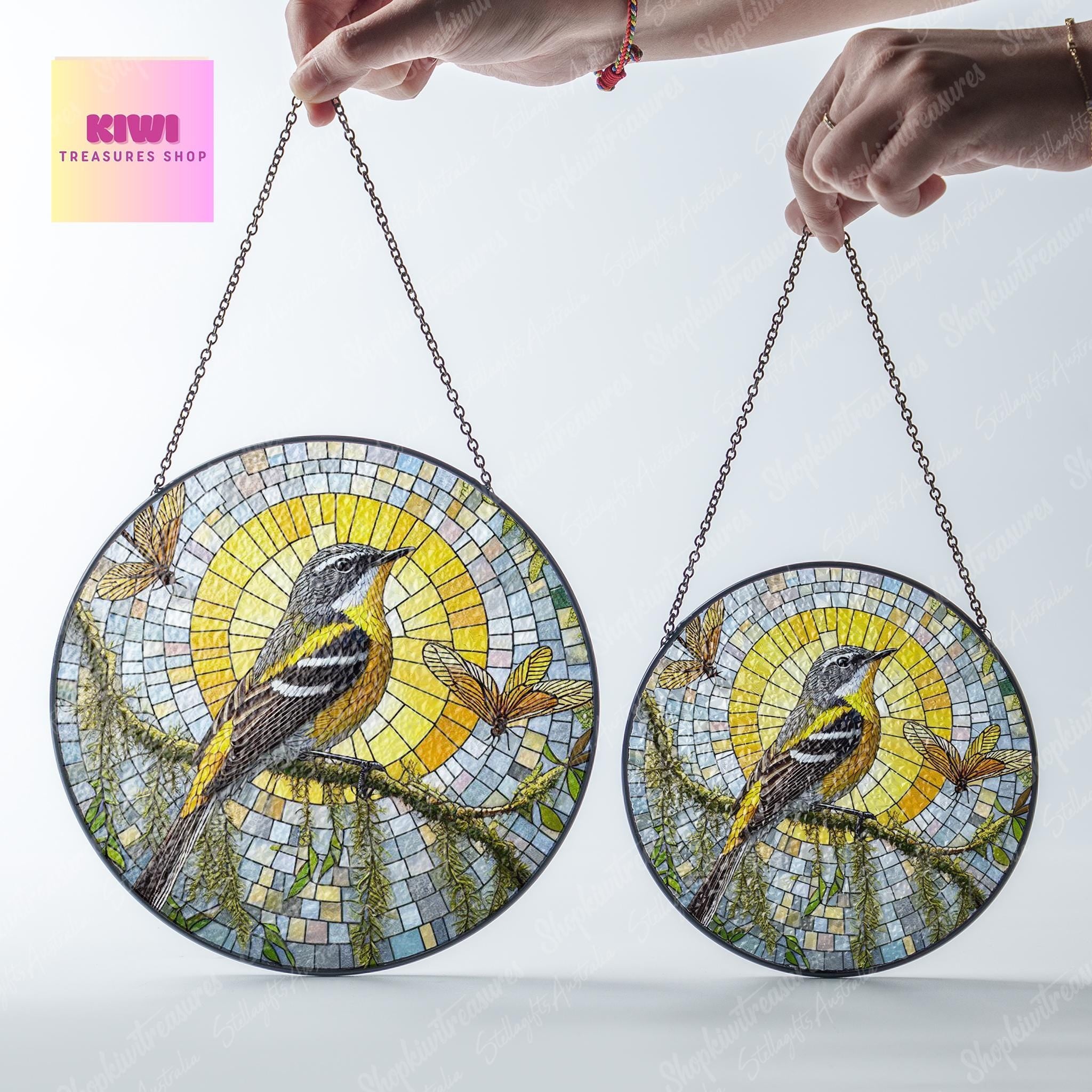 Yellow-Rumped Warbler Bird GLASS Suncatcher,Spanish moss Suncatcher Ornament, bird watching gift, Housewarming gift, Warbler Bird lover
